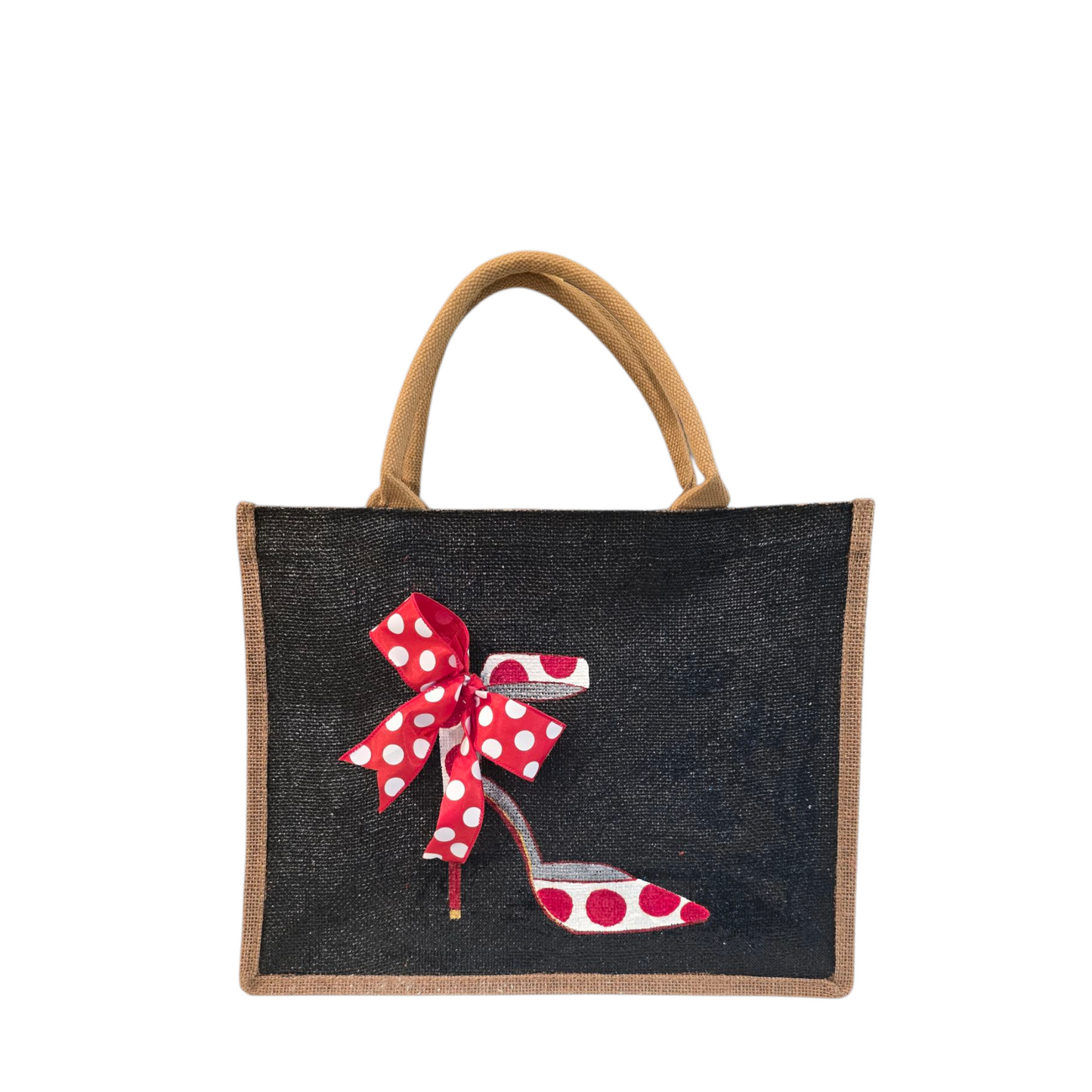 Hand-Painted-Tote-Bag, Red-and-White-Polka-Dot-Stilettos, Unique-Artistic-Design