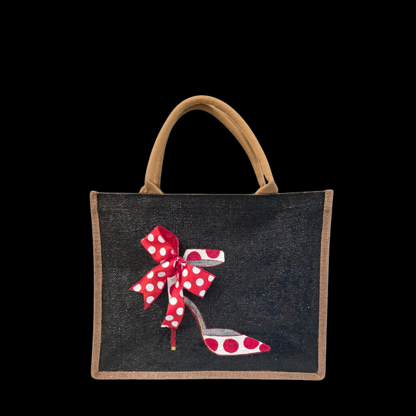 Hand-Painted-Tote-Bag, Red-and-White-Polka-Dot-Stilettos, Unique-Artistic-Design