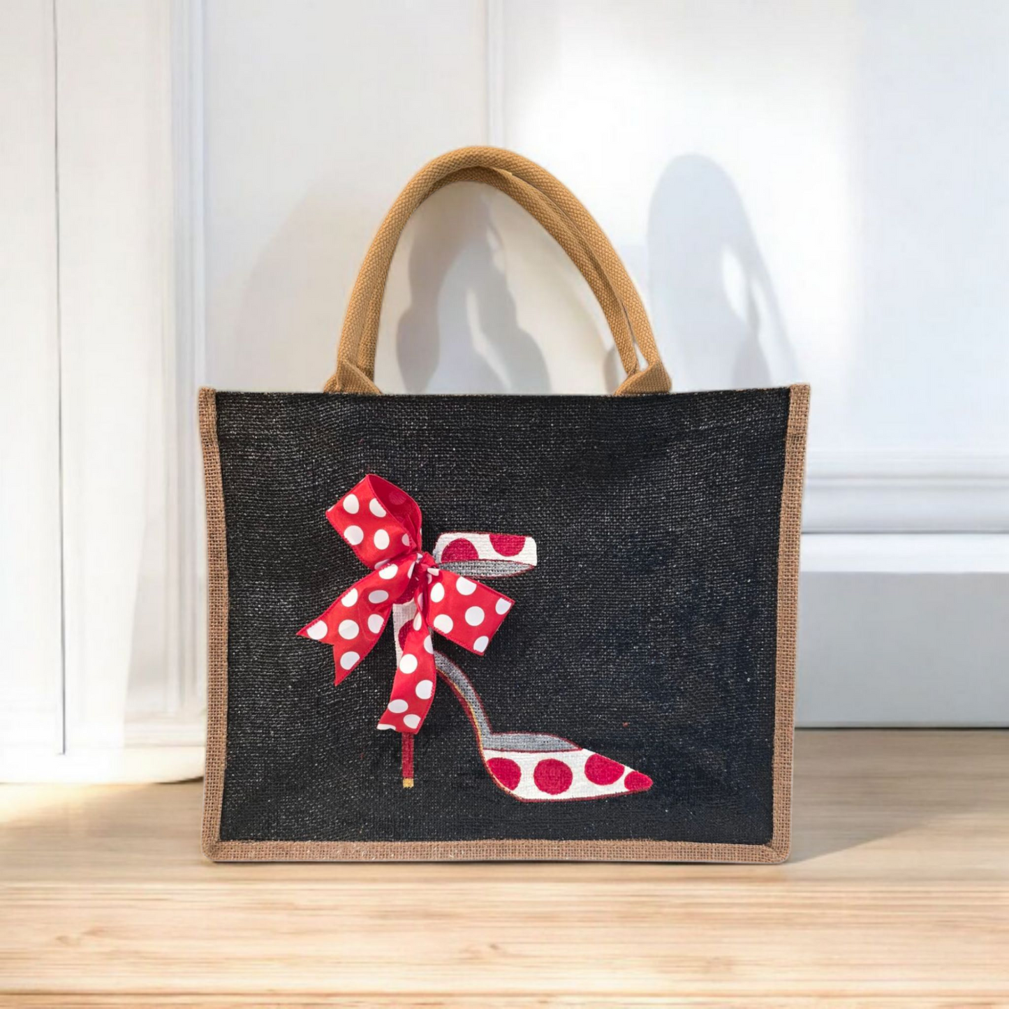 Hand-Painted-Tote-Bag, Red-and-White-Polka-Dot-Stilettos, Unique-Artistic-Design