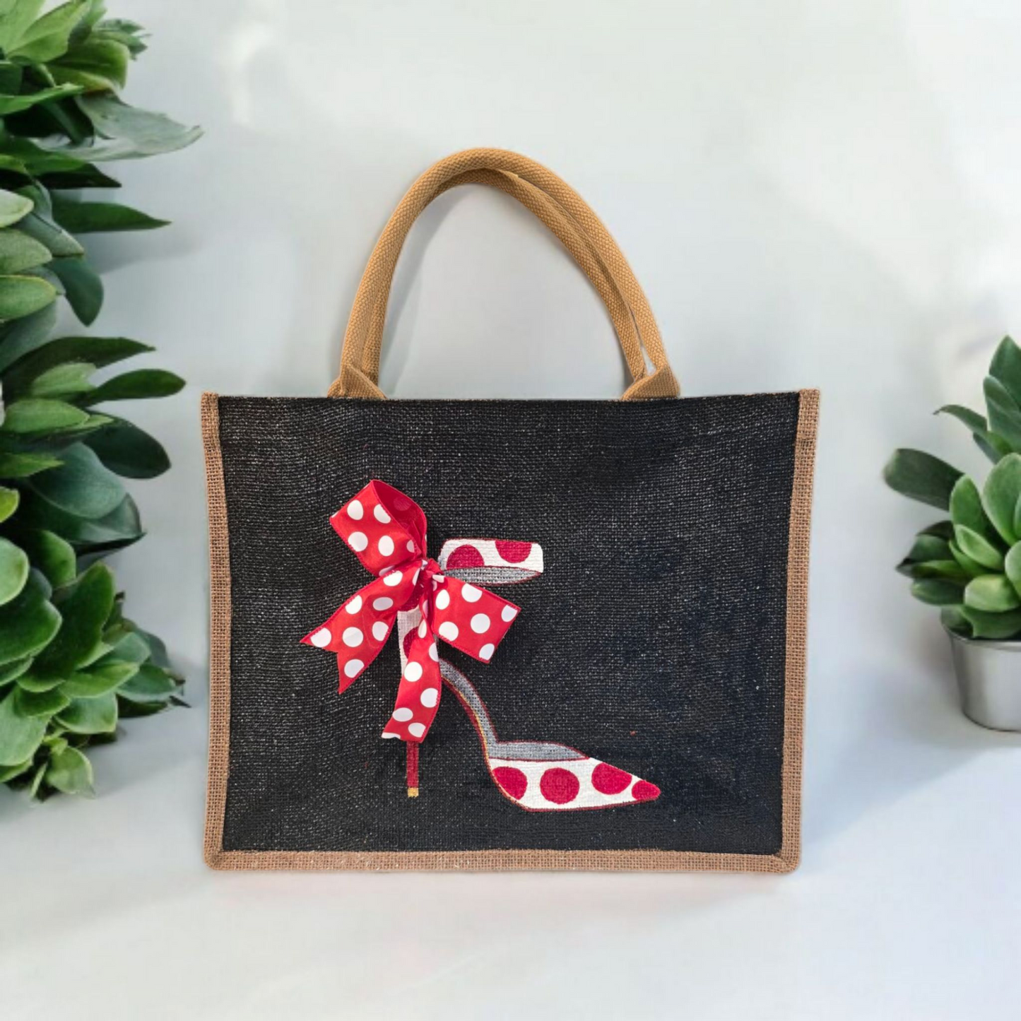 Hand-Painted-Tote-Bag, Red-and-White-Polka-Dot-Stilettos, Unique-Artistic-Design