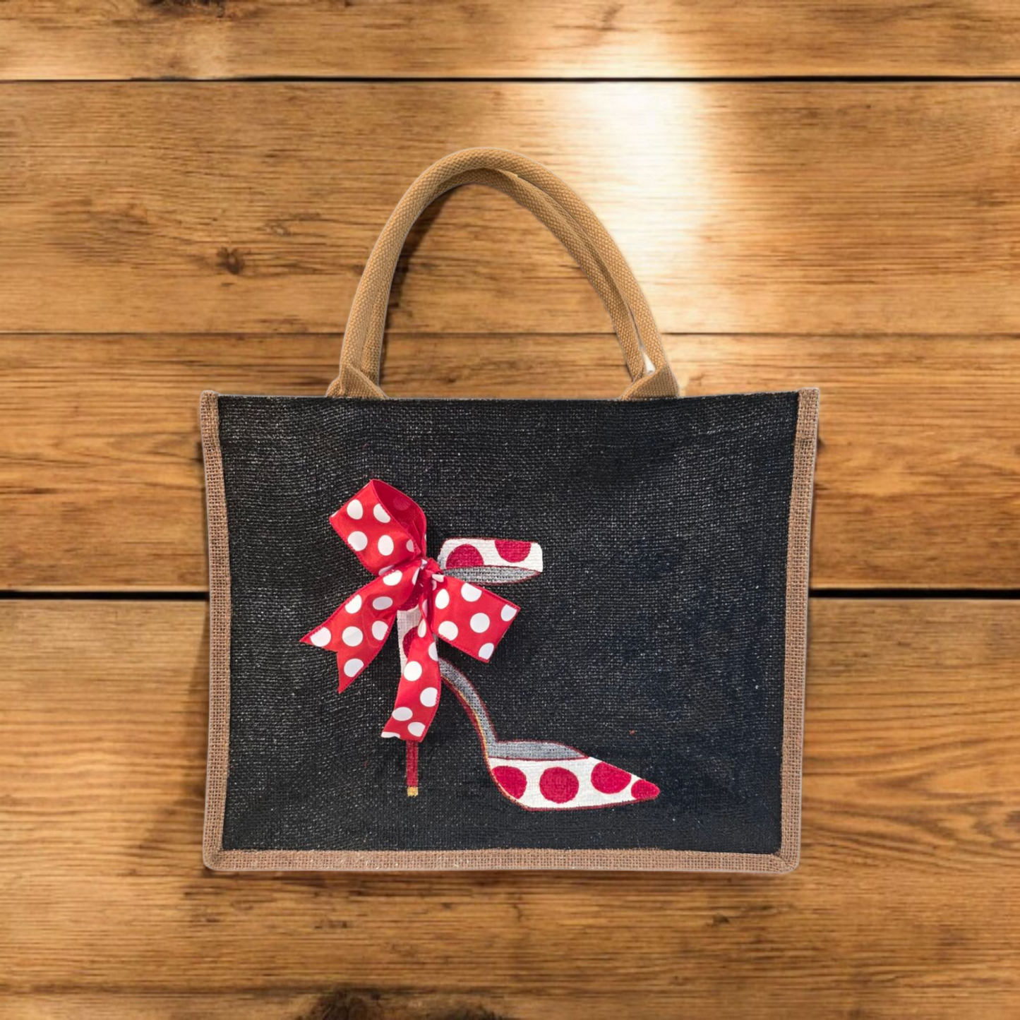 Hand-Painted-Tote-Bag, Red-and-White-Polka-Dot-Stilettos, Unique-Artistic-Design
