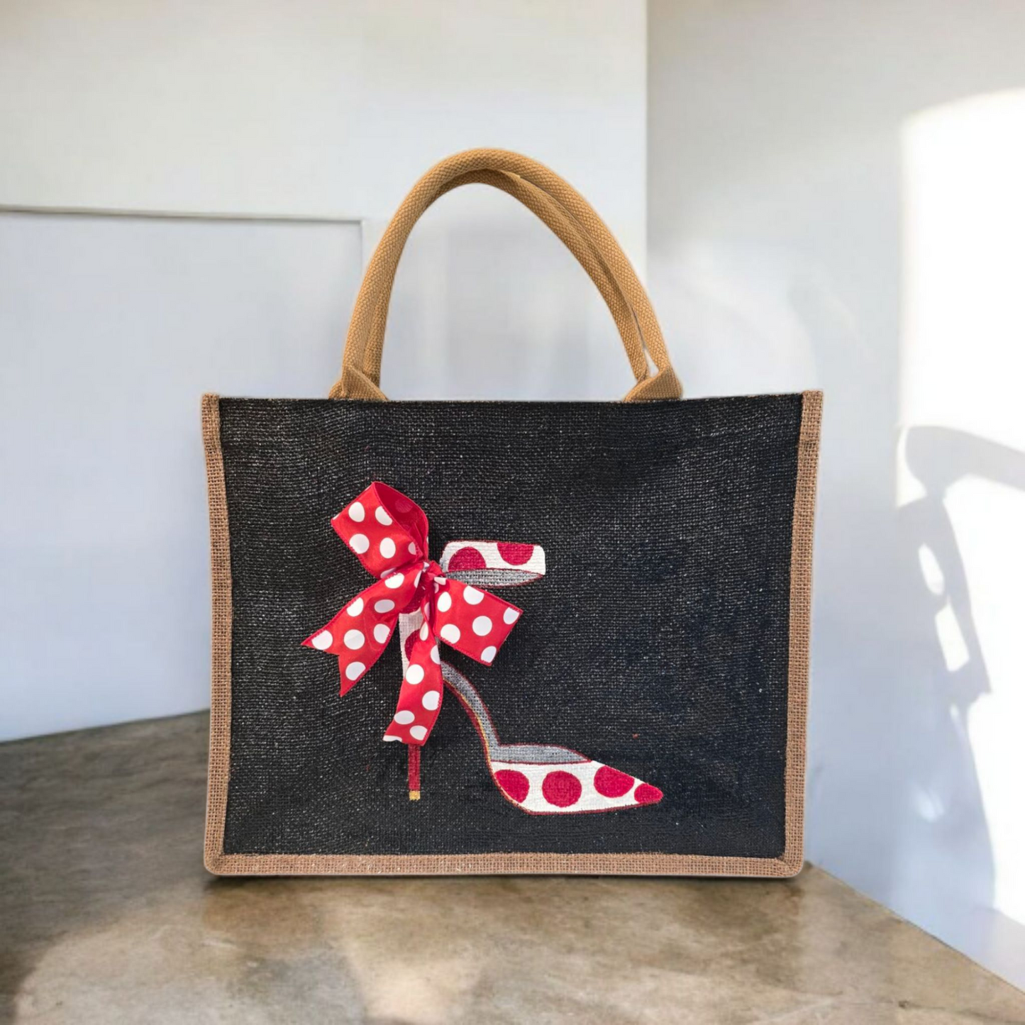 Hand-Painted-Tote-Bag, Red-and-White-Polka-Dot-Stilettos, Unique-Artistic-Design
