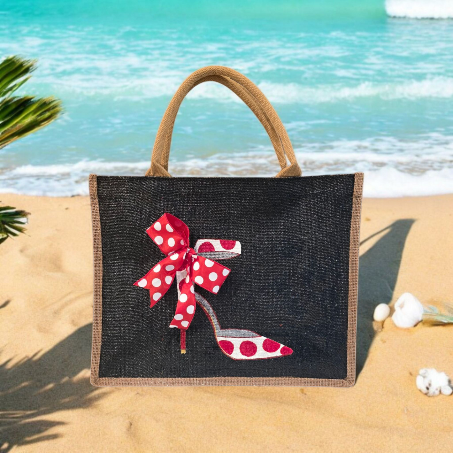 Hand-Painted-Tote-Bag, Red-and-White-Polka-Dot-Stilettos, Unique-Artistic-Design