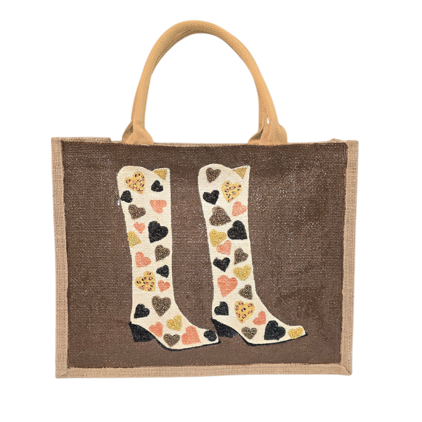 Brown jute tote bag with hand-painted cowboy boots decorated in metallic-colored hearts, accented with beads.