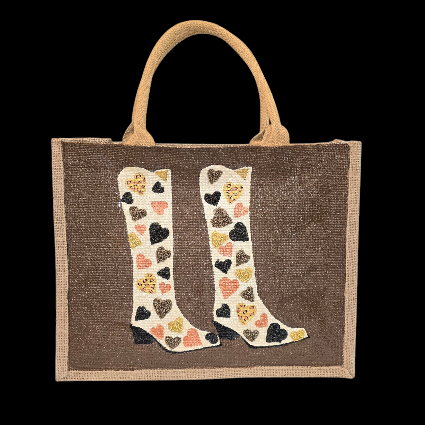 Brown jute tote bag with hand-painted cowboy boots decorated in metallic-colored hearts, accented with beads.