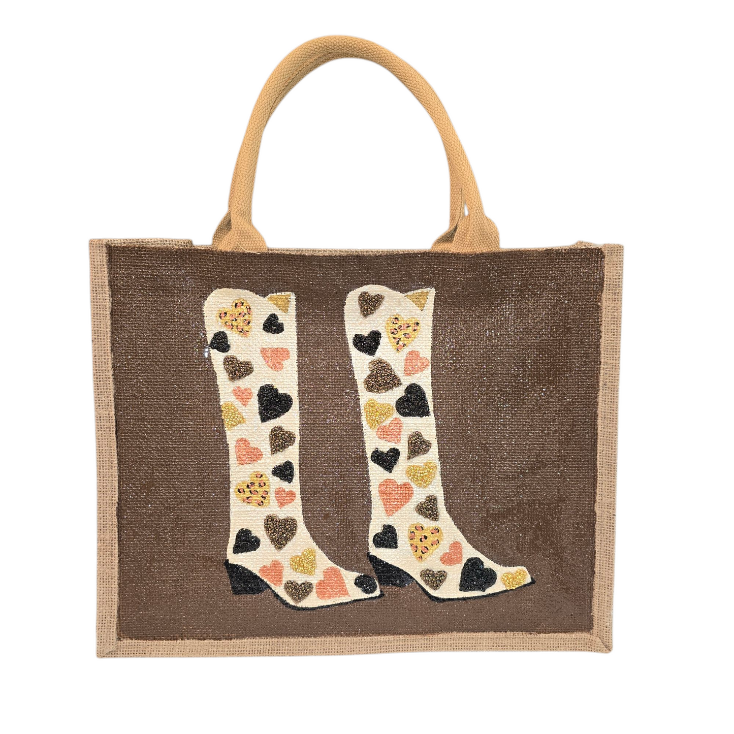 Brown jute tote bag with hand-painted cowboy boots decorated in metallic-colored hearts, accented with beads.