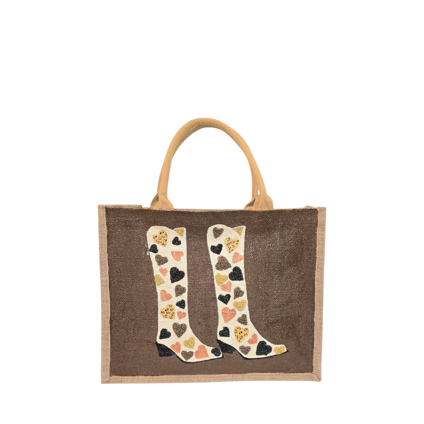 Brown jute tote bag with hand-painted cowboy boots decorated in metallic-colored hearts, accented with beads.