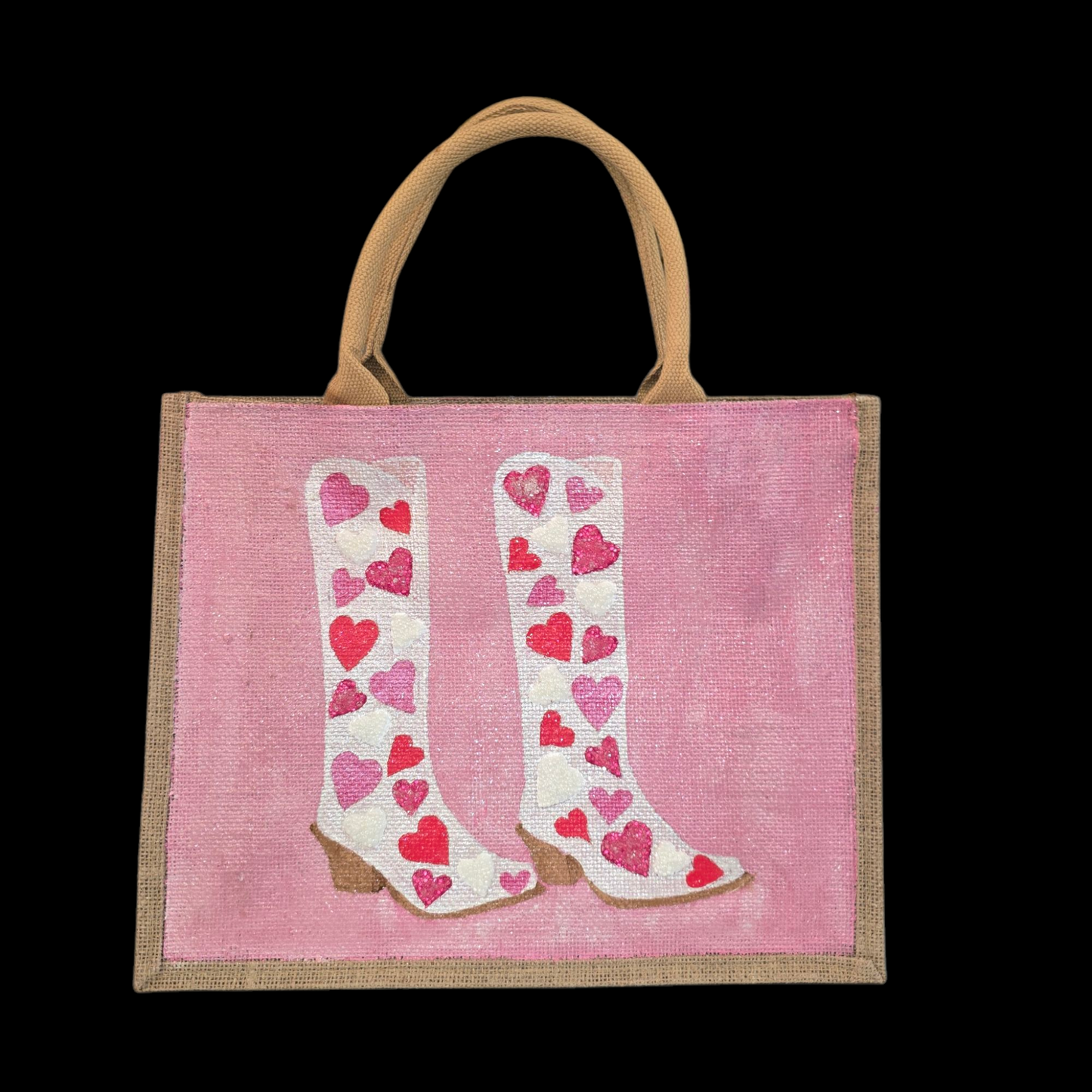 Hand-Painted-Tote-Bag, Pink-and-White-Hearts-Cowboy-Boots, Unique-Artistic-Design