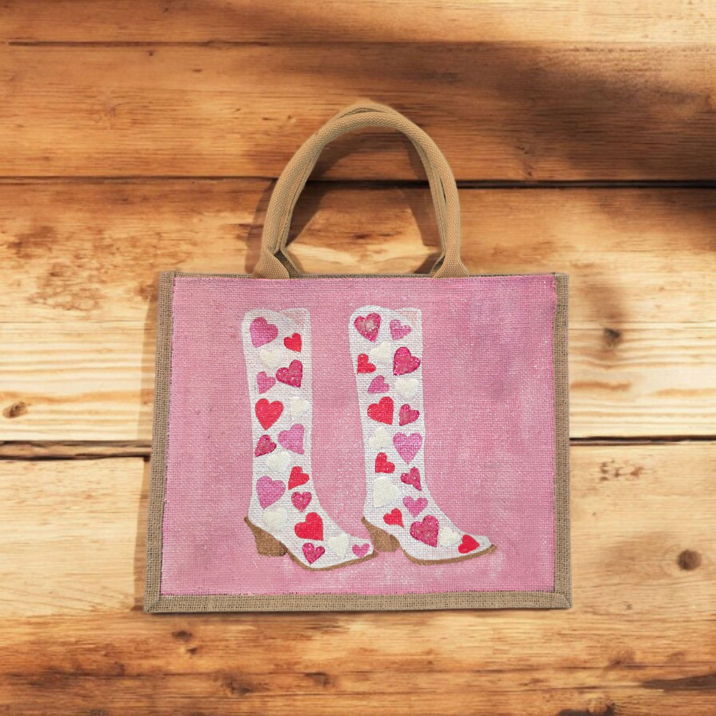 Hand-Painted-Tote-Bag, Pink-and-White-Hearts-Cowboy-Boots, Unique-Artistic-Design