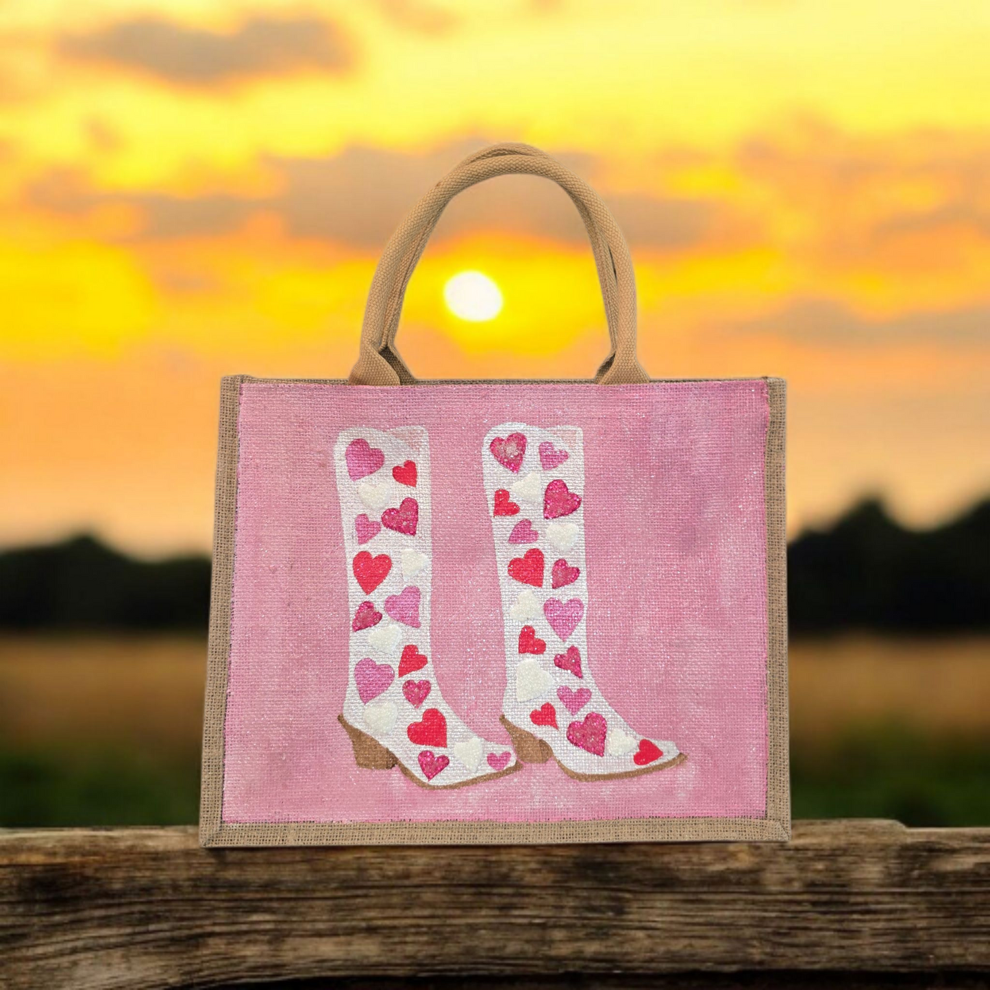 Hand-Painted-Tote-Bag, Pink-and-White-Hearts-Cowboy-Boots, Unique-Artistic-Design