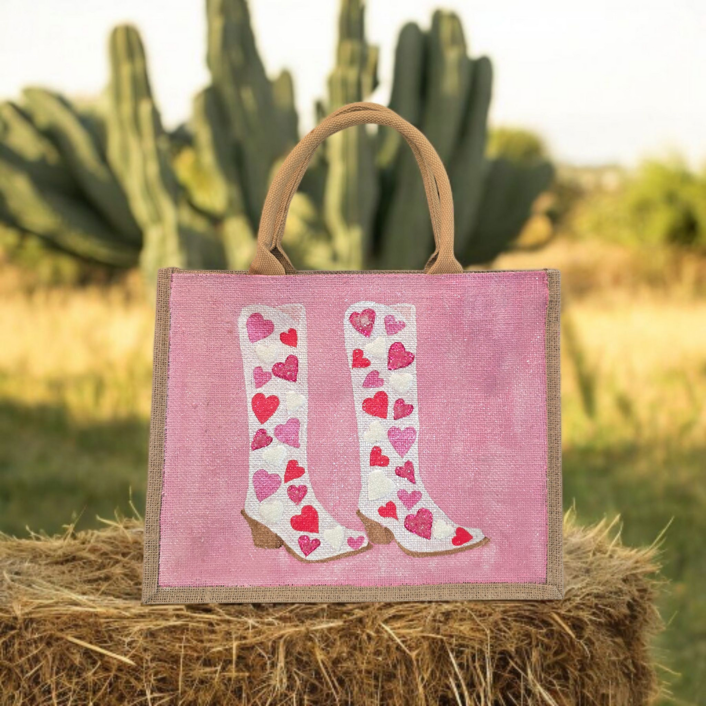 Hand-Painted-Tote-Bag, Pink-and-White-Hearts-Cowboy-Boots, Unique-Artistic-Design