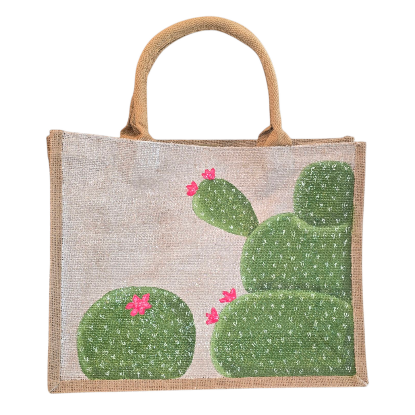 blooming cactus tote bag, off white cactus tote, hand painted cactus jute bag, eco-friendly cactus market bag