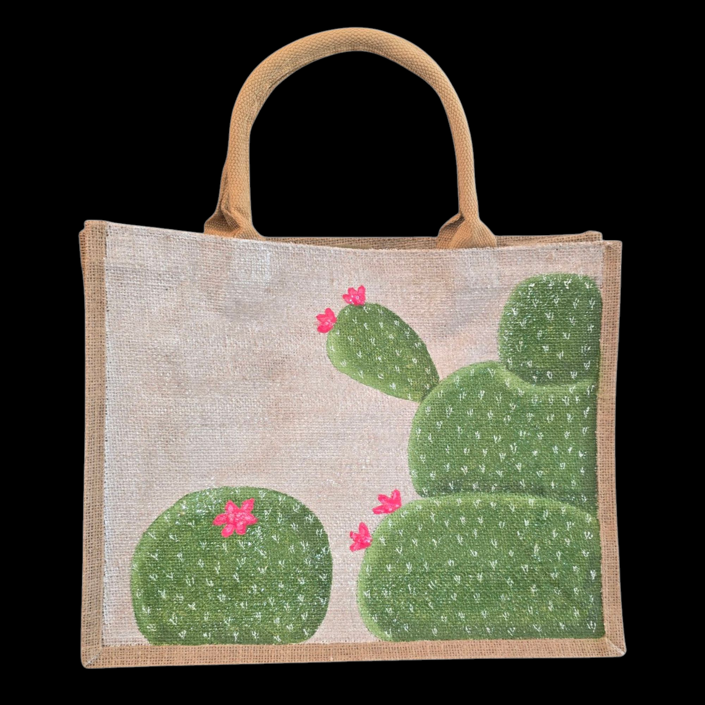 blooming cactus tote bag, off white cactus tote, hand painted cactus jute bag, eco-friendly cactus market bag