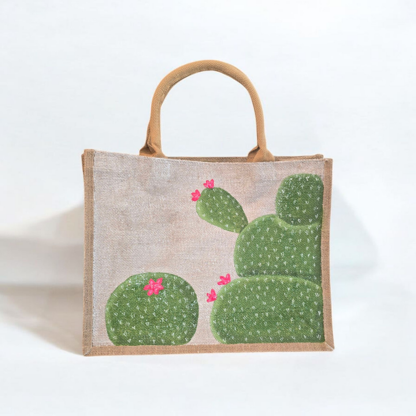 blooming cactus tote bag, off white cactus tote, hand painted cactus jute bag, eco-friendly cactus market bag