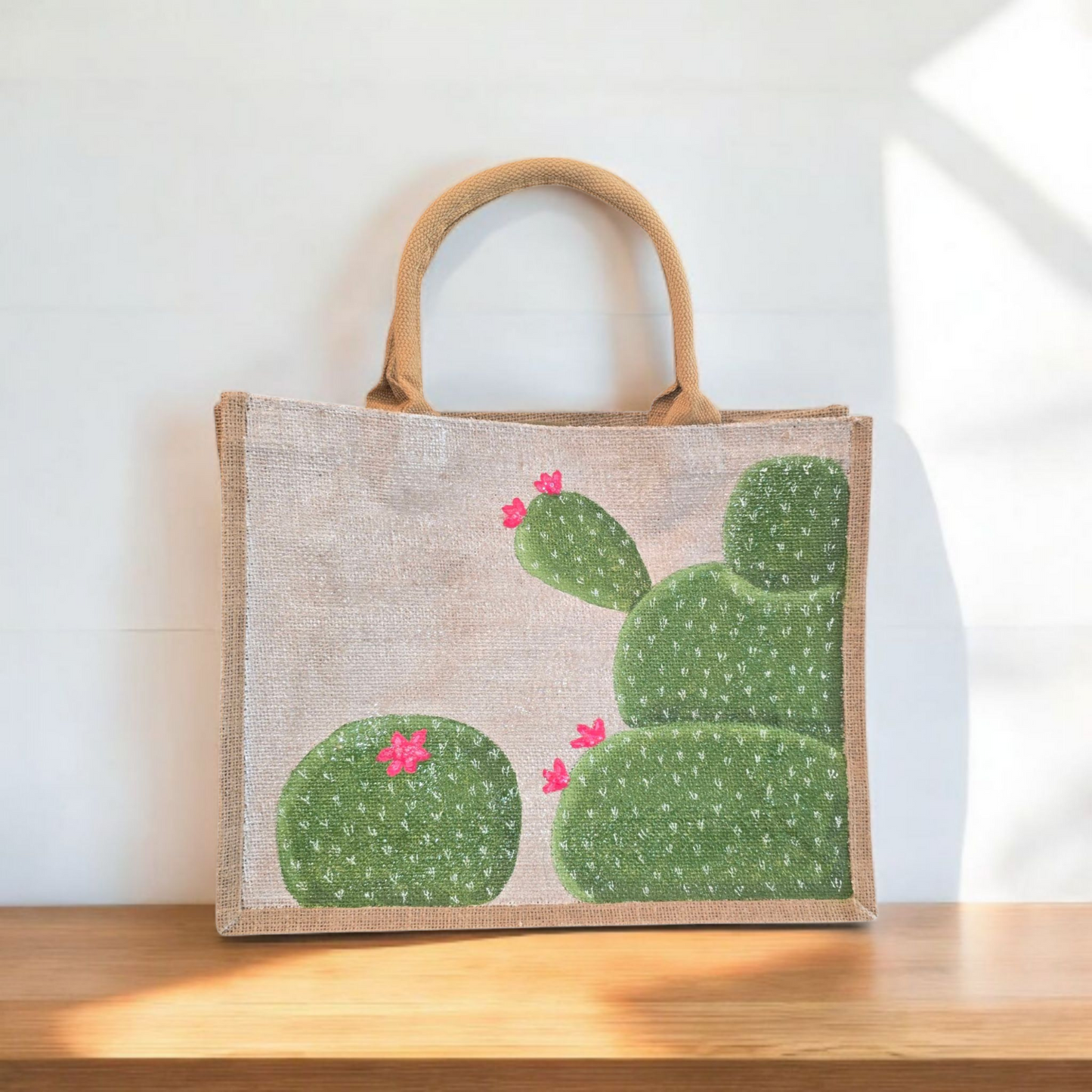 blooming cactus tote bag, off white cactus tote, hand painted cactus jute bag, eco-friendly cactus market bag