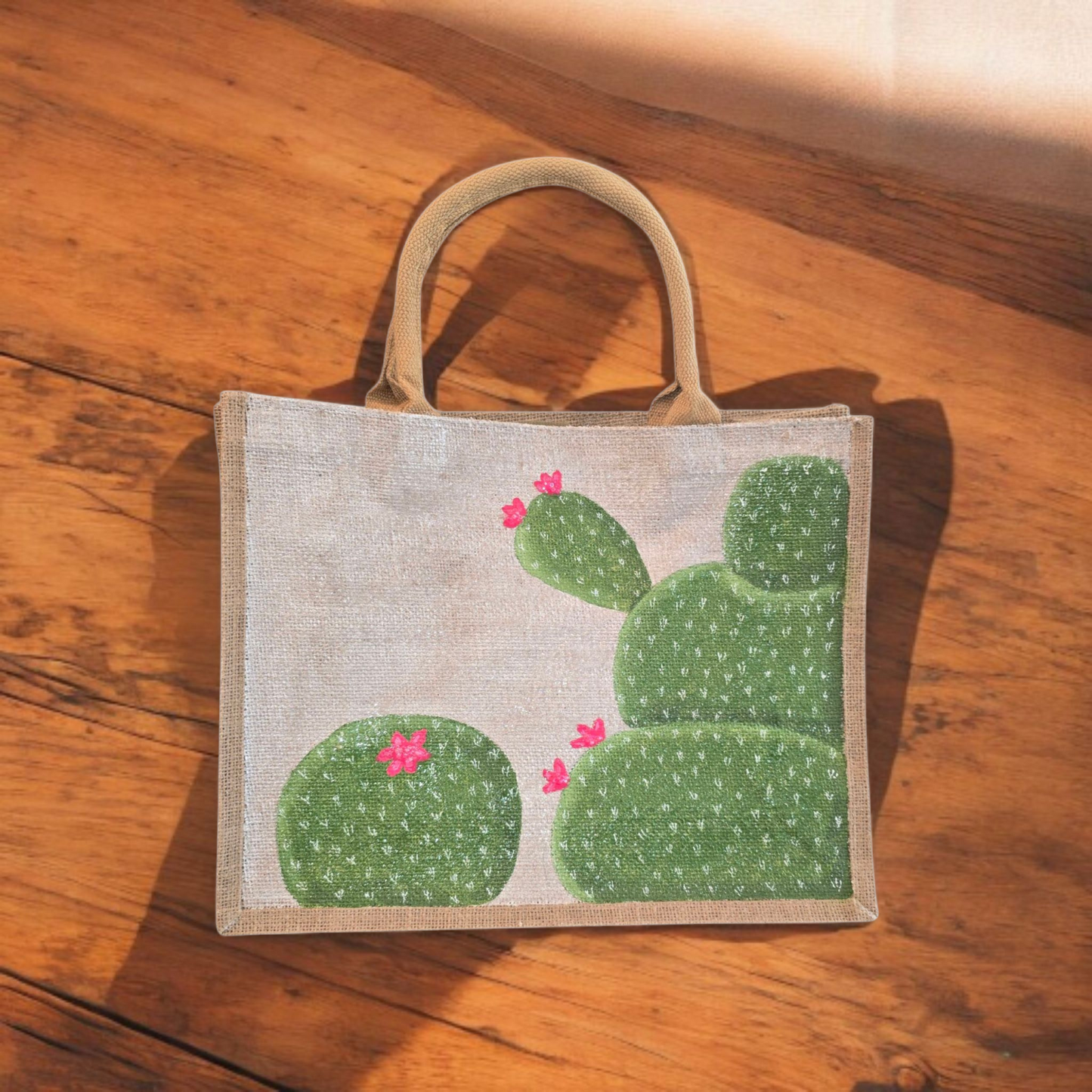 blooming cactus tote bag, off white cactus tote, hand painted cactus jute bag, eco-friendly cactus market bag