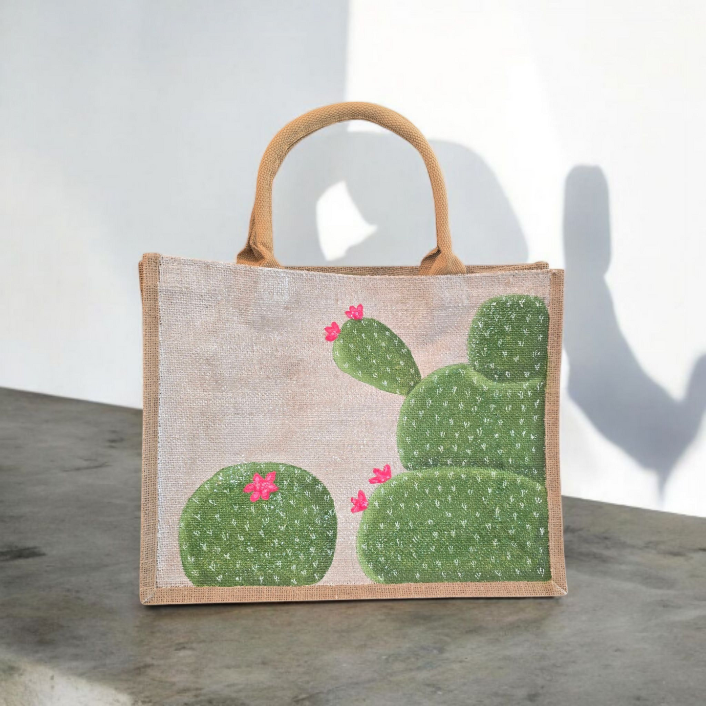 blooming cactus tote bag, off white cactus tote, hand painted cactus jute bag, eco-friendly cactus market bag