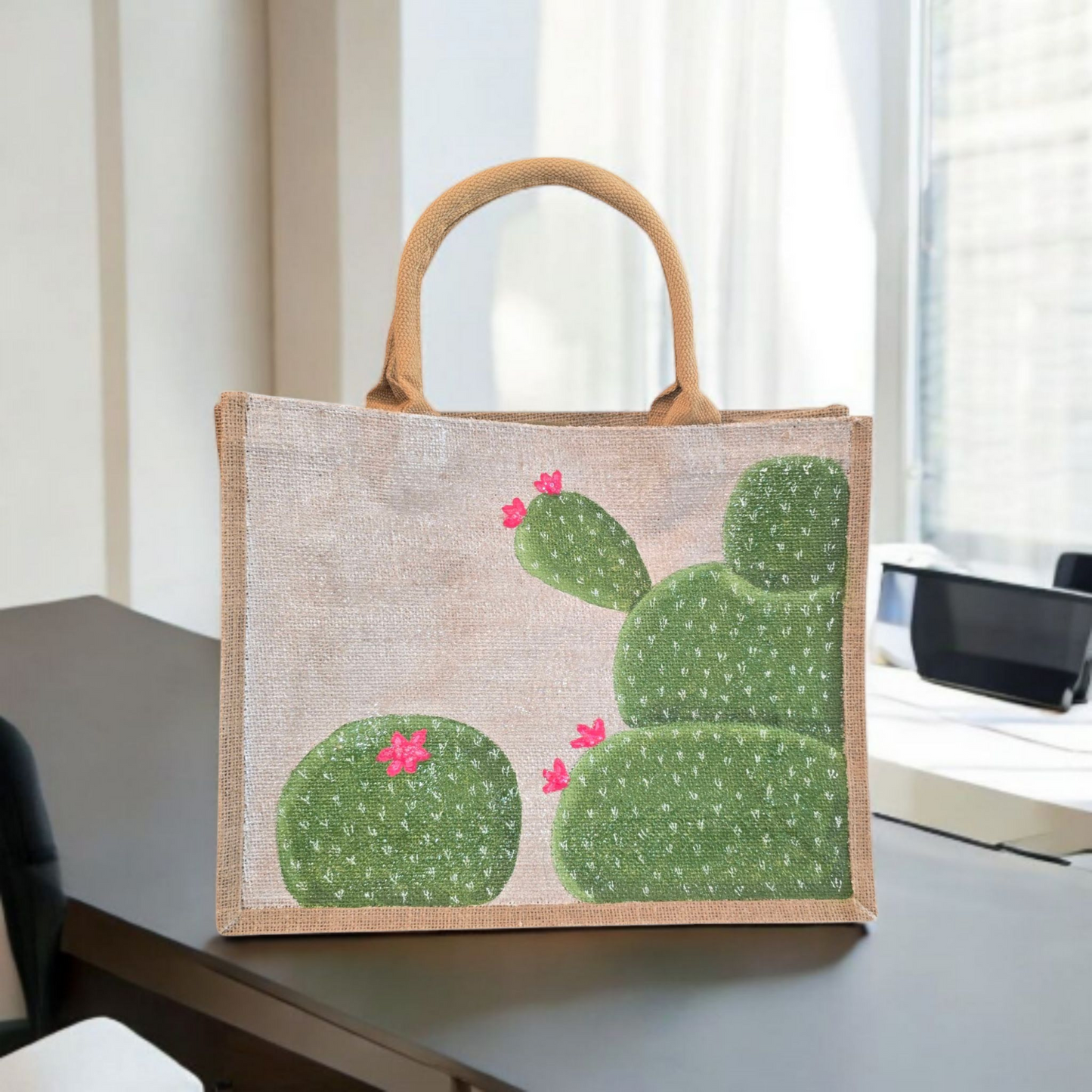 blooming cactus tote bag, off white cactus tote, hand painted cactus jute bag, eco-friendly cactus market bag
