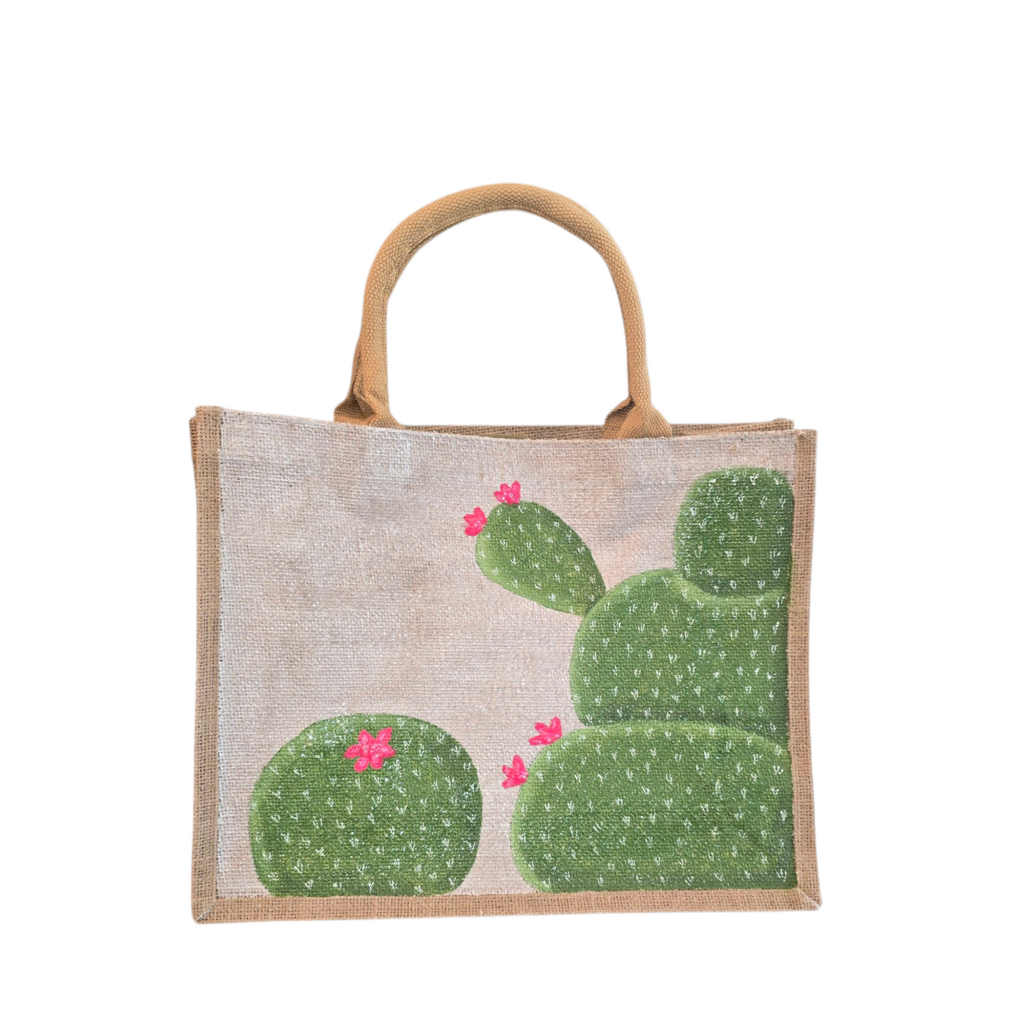 Blooming-Cactus-Tote-Bag, Hand-Painted-with-Beaded-Pink-Flowers, Artistic-Design