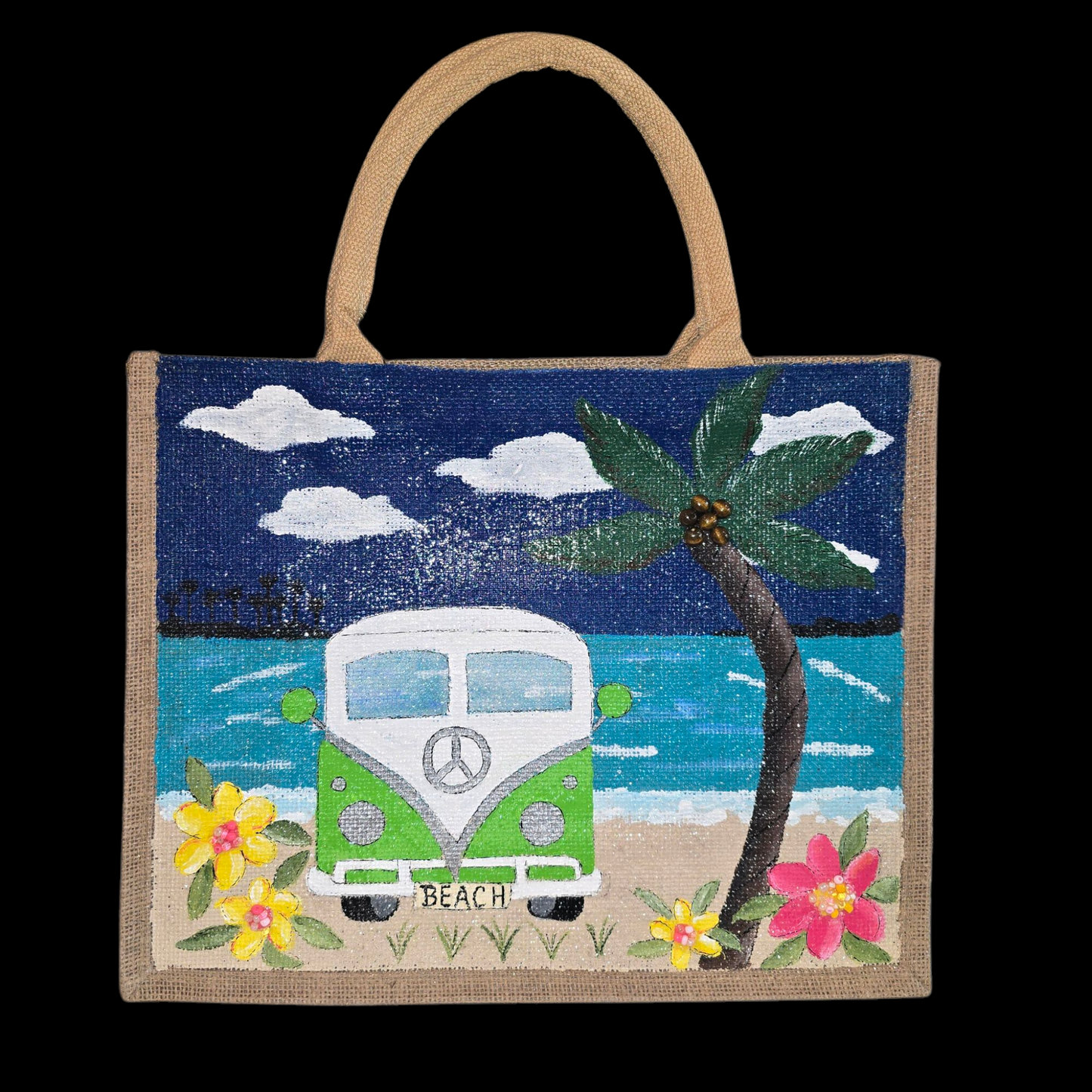 vintage van tote bag, beach van tote, multicolored tote bag, hand painted beaded van jute bag, eco-friendly beach tote