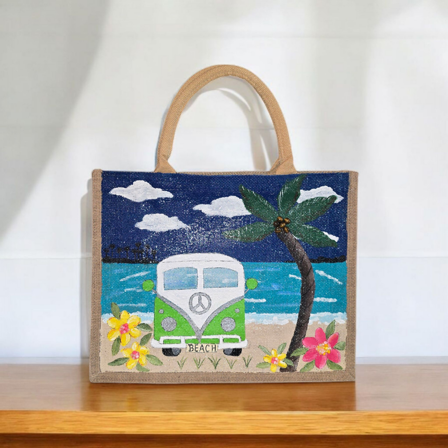 vintage van tote bag, beach van tote, multicolored tote bag, hand painted beaded van jute bag, eco-friendly beach tote