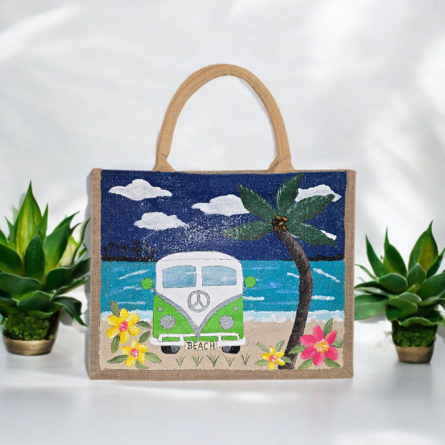 vintage van tote bag, beach van tote, multicolored tote bag, hand painted beaded van jute bag, eco-friendly beach tote