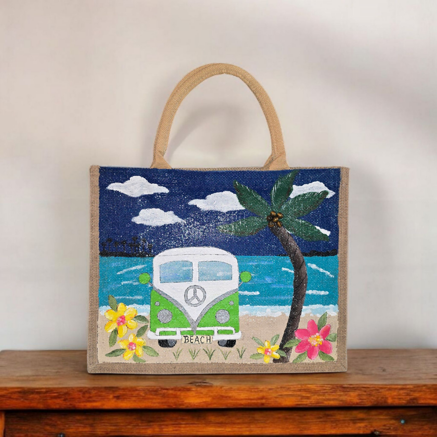 vintage van tote bag, beach van tote, multicolored tote bag, hand painted beaded van jute bag, eco-friendly beach tote