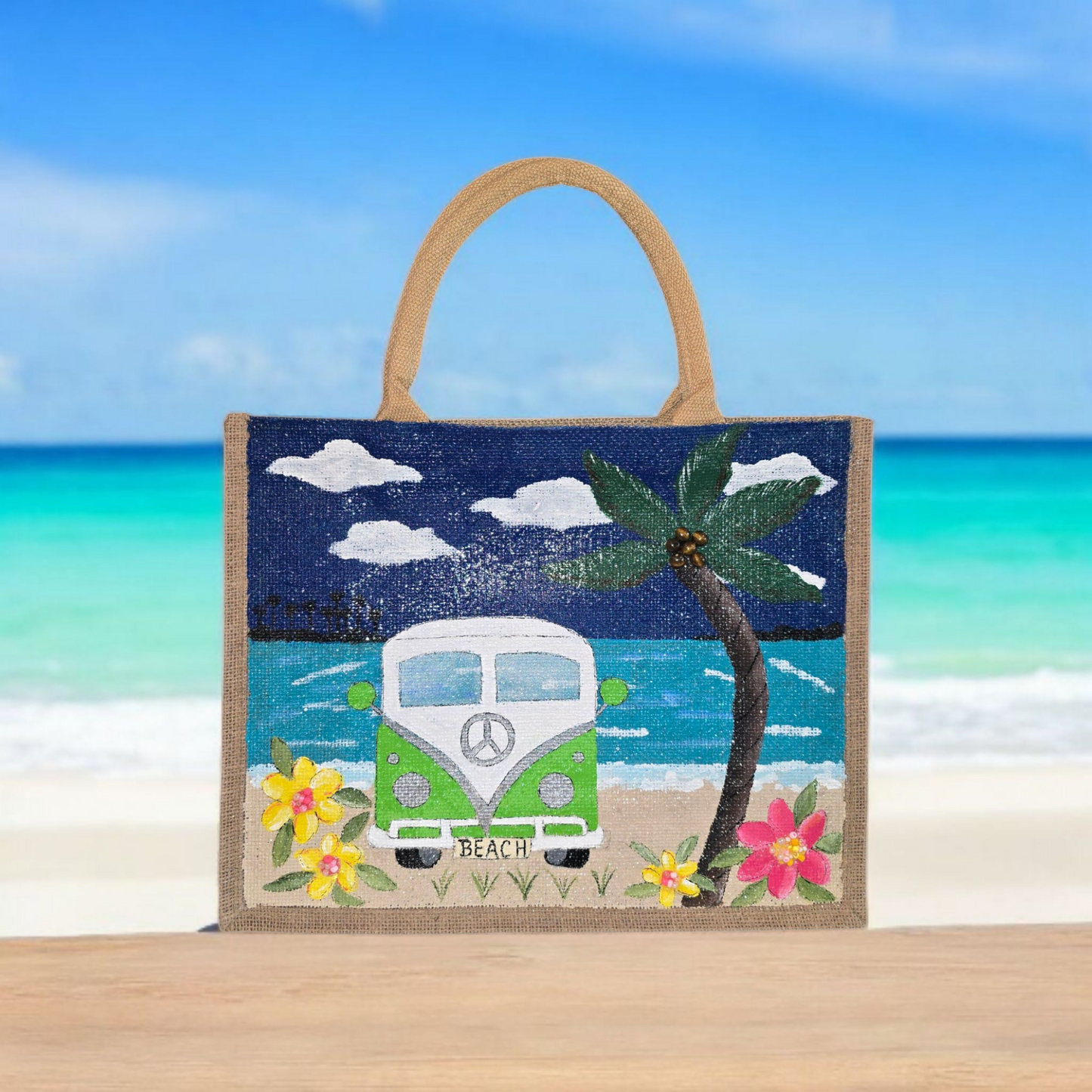 vintage van tote bag, beach van tote, multicolored tote bag, hand painted beaded van jute bag, eco-friendly beach tote
