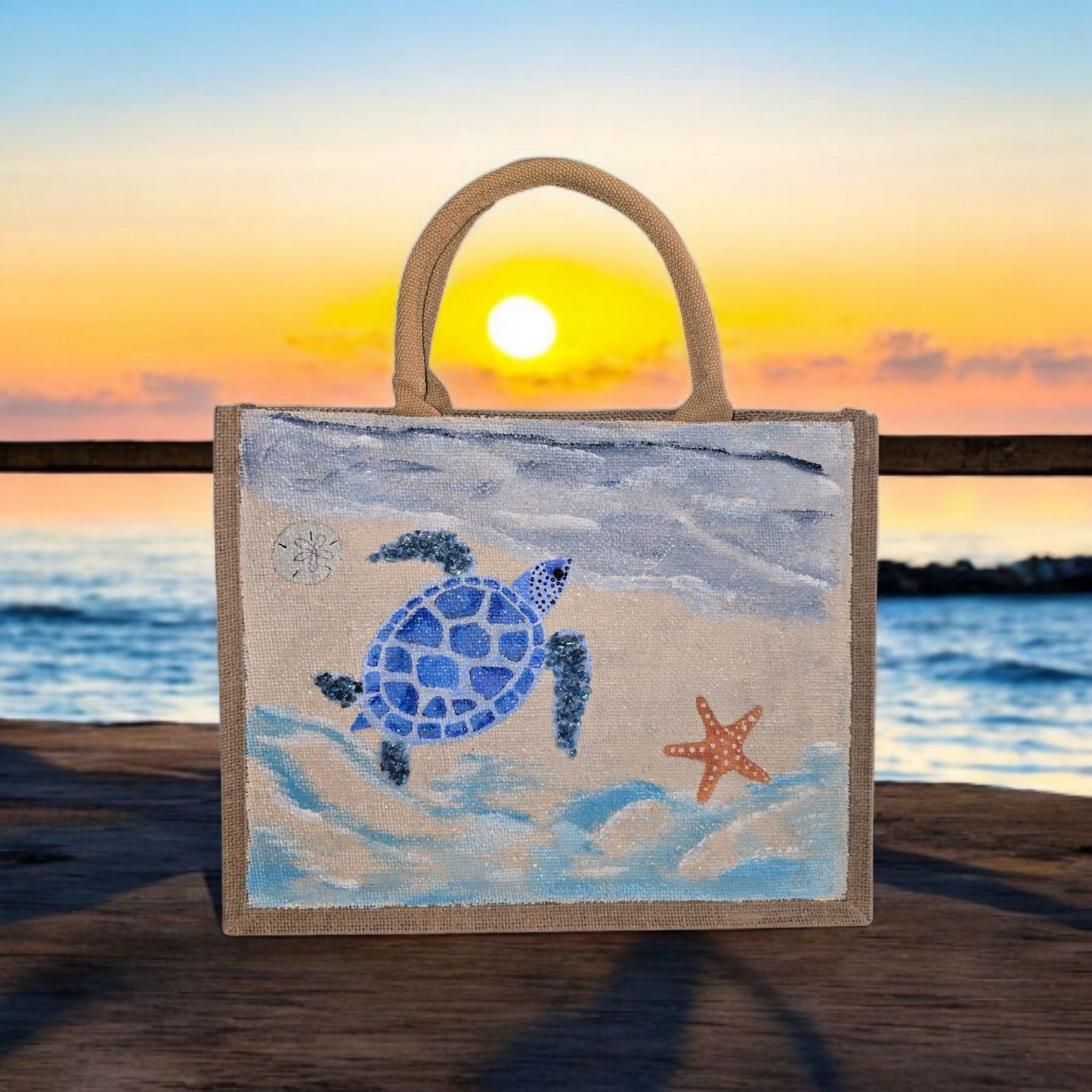 sea turtle tote bag, beach turtle tote, hand painted beaded turtle jute bag, eco-friendly turtle market bag
