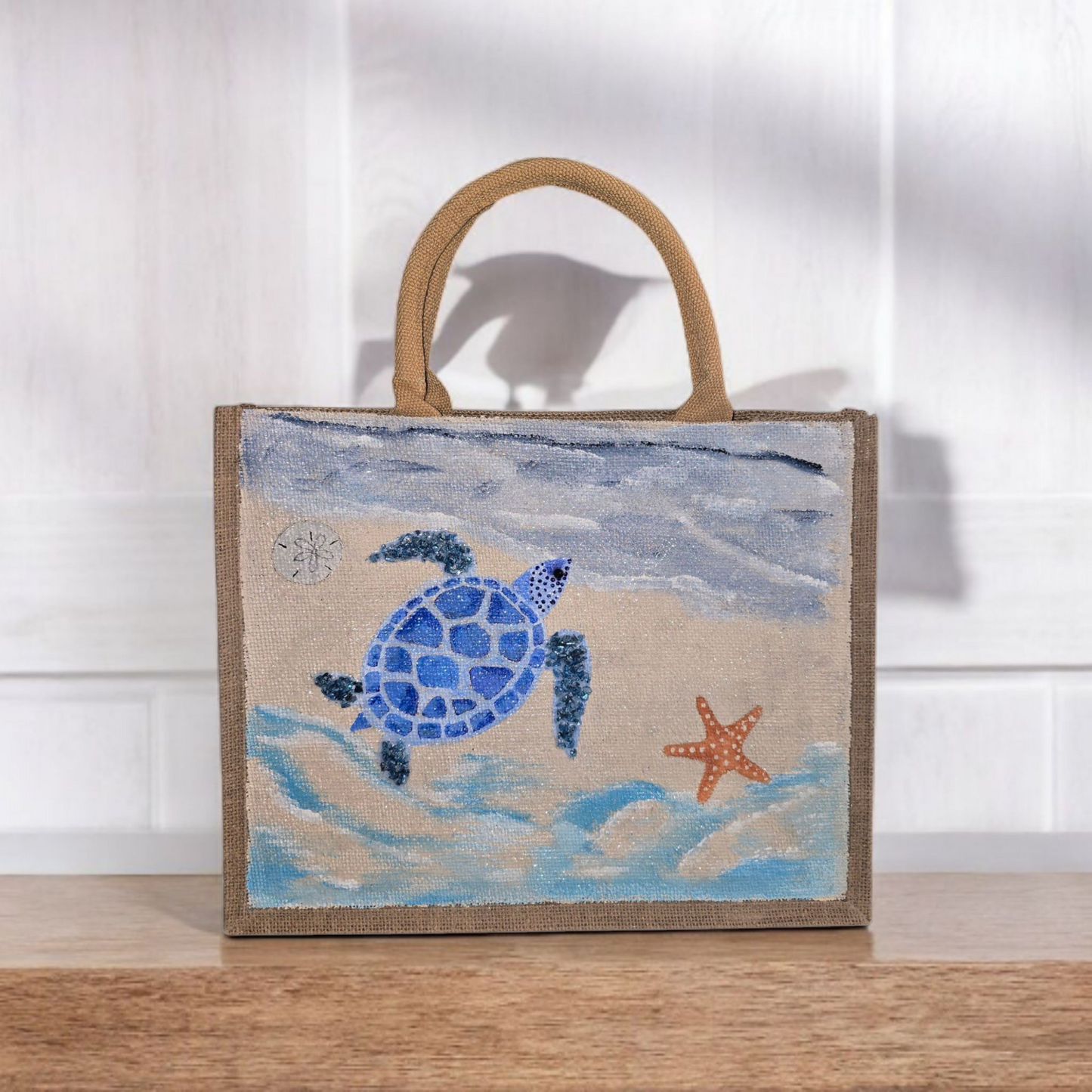 sea turtle tote bag, beach turtle tote, hand painted beaded turtle jute bag, eco-friendly turtle market bag