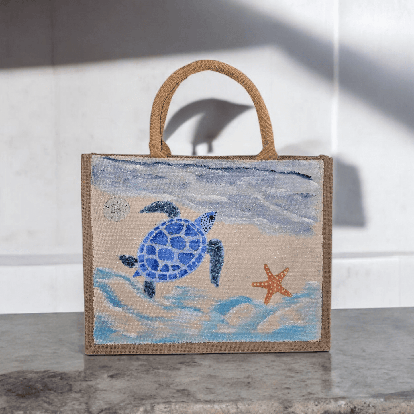 sea turtle tote bag, beach turtle tote, hand painted beaded turtle jute bag, eco-friendly turtle market bag