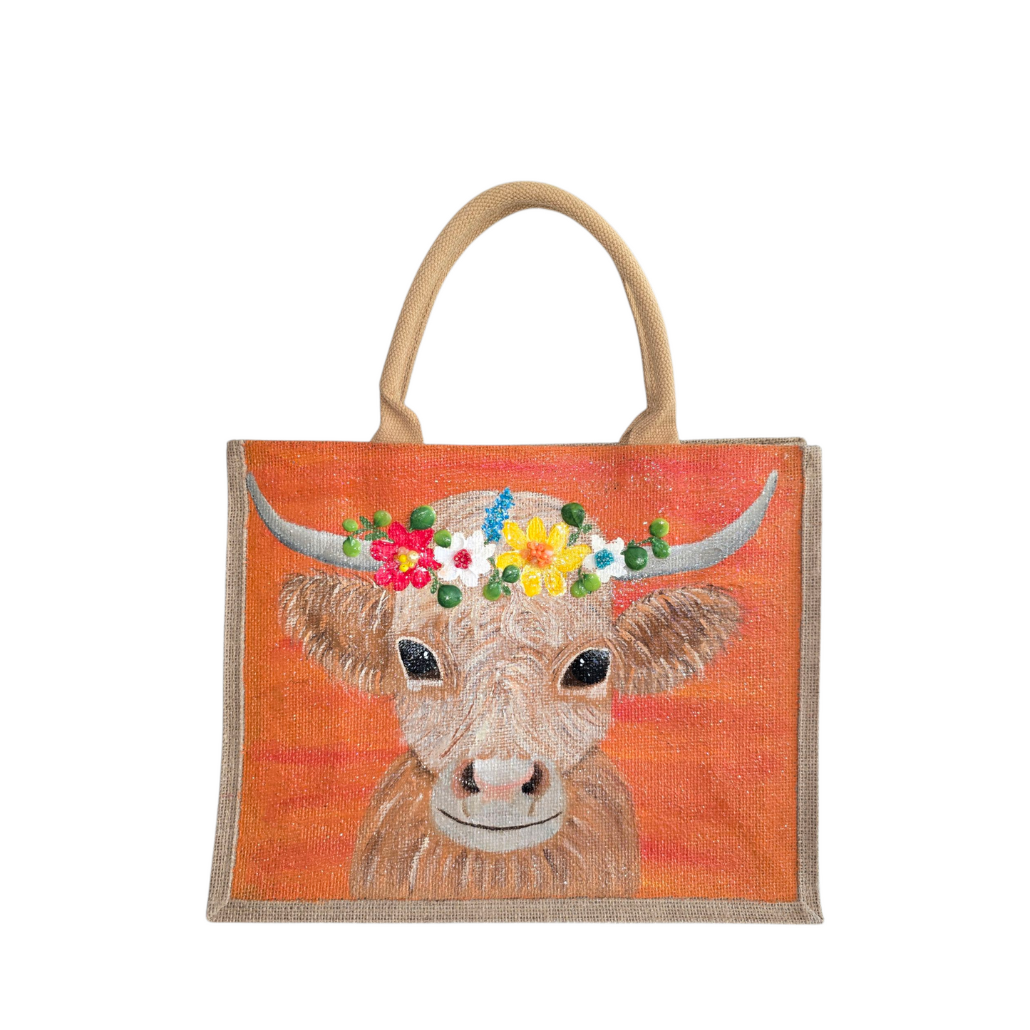 Multicolor-Highland-Cow-Tote-Bag, Hand-Painted-with-Floral-Accents, Artistic-Design