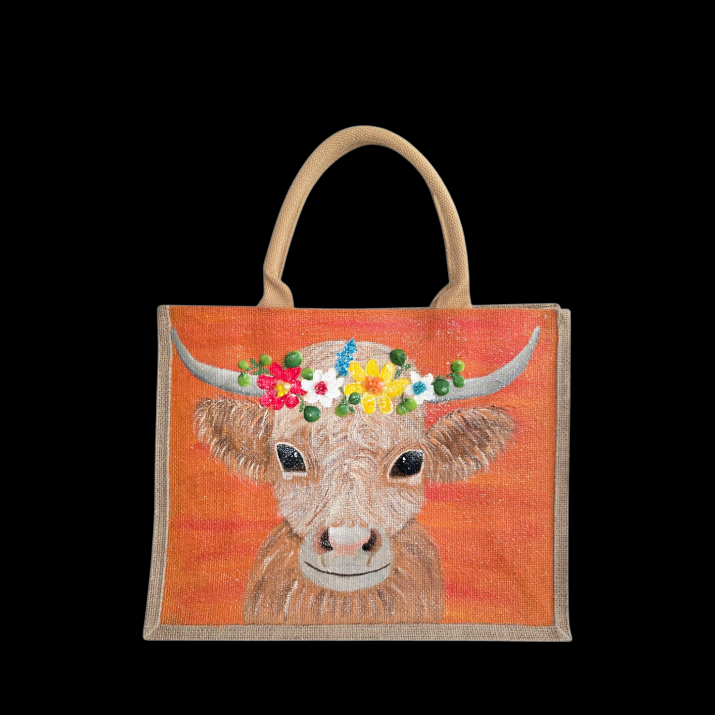 Multicolor-Highland-Cow-Tote-Bag, Hand-Painted-with-Floral-Accents, Artistic-Design