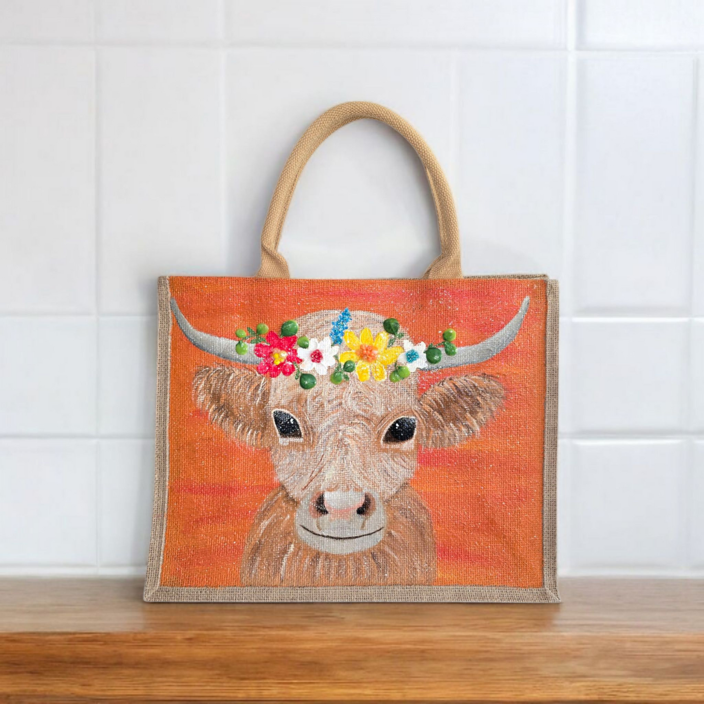 Multicolor-Highland-Cow-Tote-Bag, Hand-Painted-with-Floral-Accents, Artistic-Design