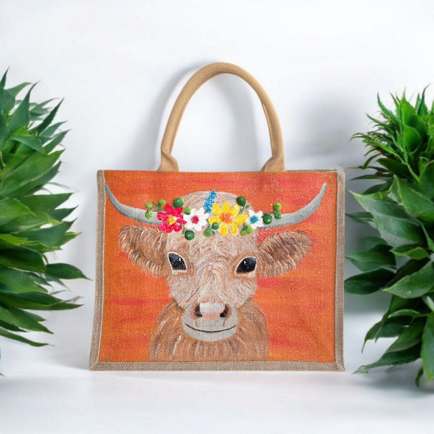 Multicolor-Highland-Cow-Tote-Bag, Hand-Painted-with-Floral-Accents, Artistic-Design