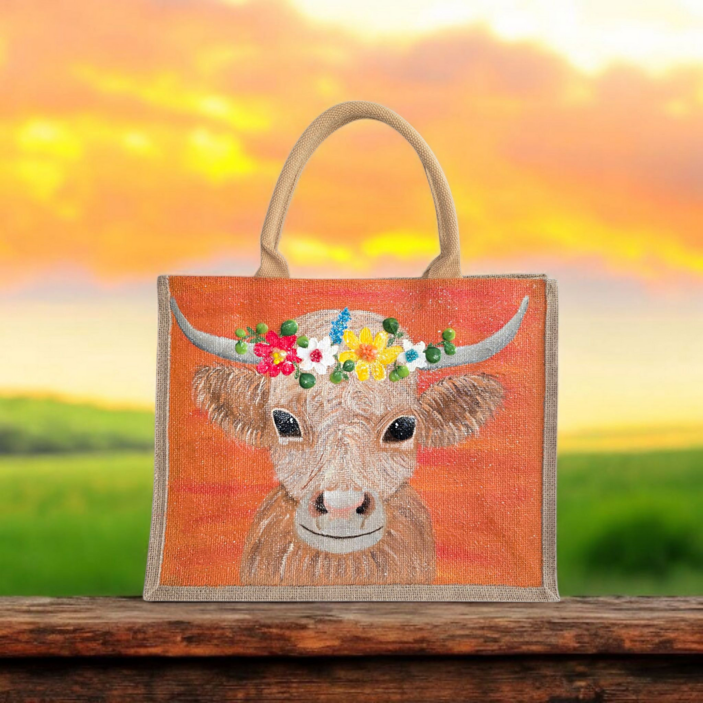 Multicolor-Highland-Cow-Tote-Bag, Hand-Painted-with-Floral-Accents, Artistic-Design