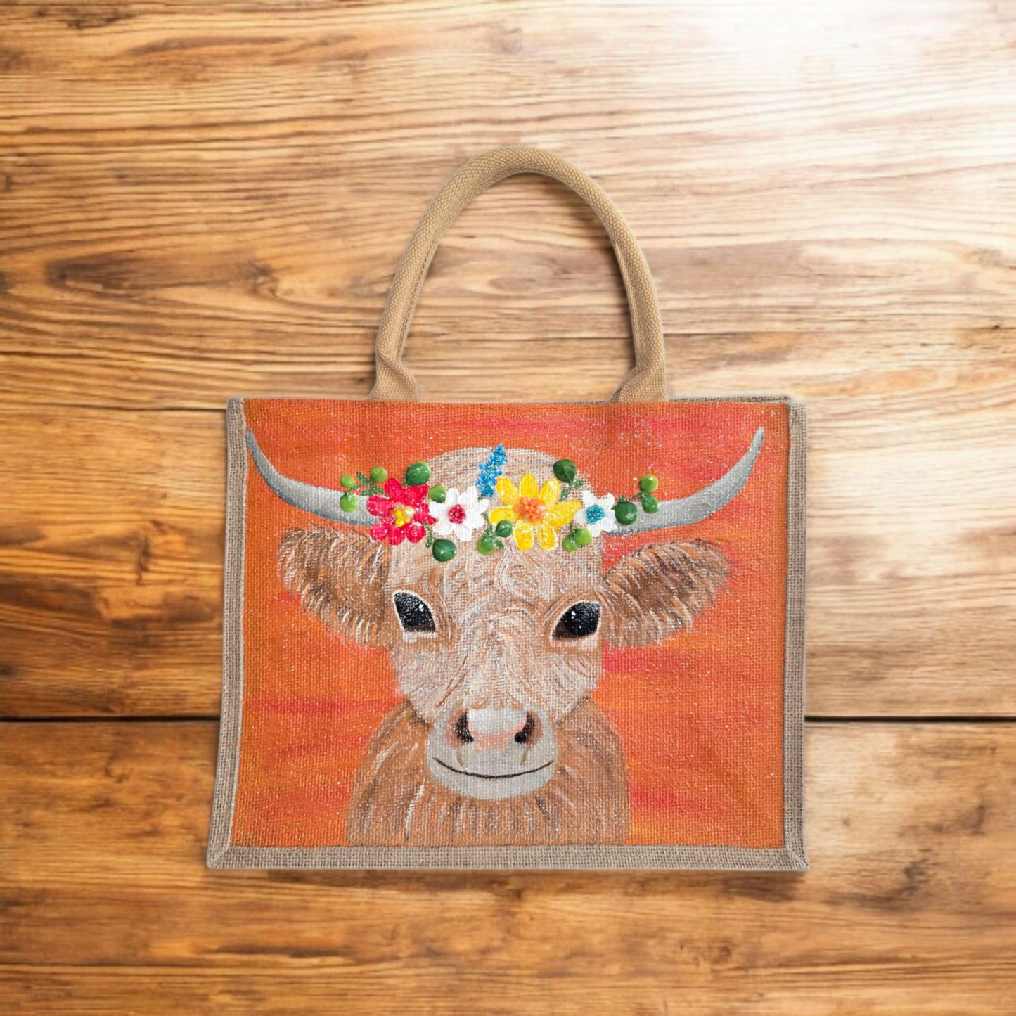 Multicolor-Highland-Cow-Tote-Bag, Hand-Painted-with-Floral-Accents, Artistic-Design