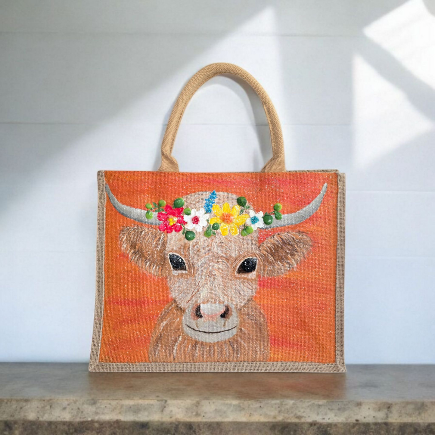 Multicolor-Highland-Cow-Tote-Bag, Hand-Painted-with-Floral-Accents, Artistic-Design