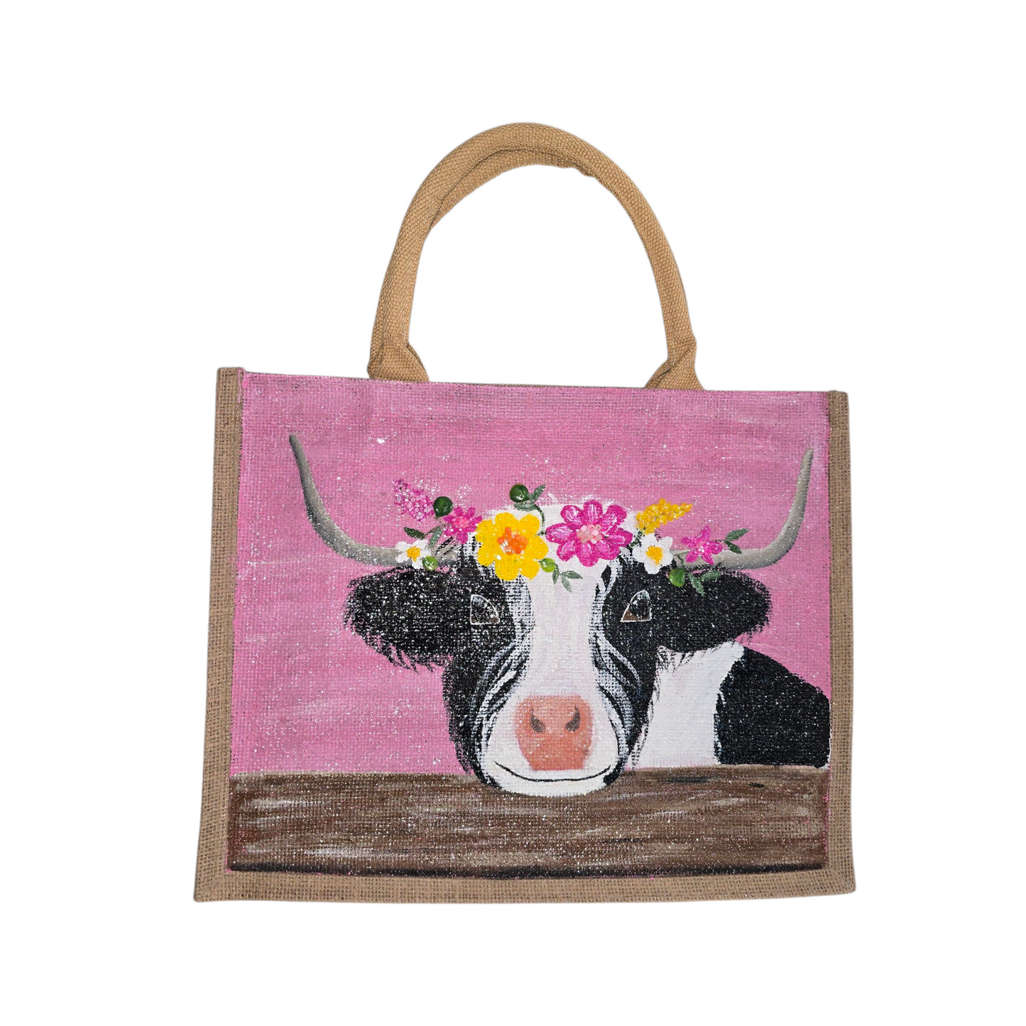 Black-and-White-Highland-Cow-Tote-Bag, Hand-Painted-with-Floral-Details, Artistic-Design