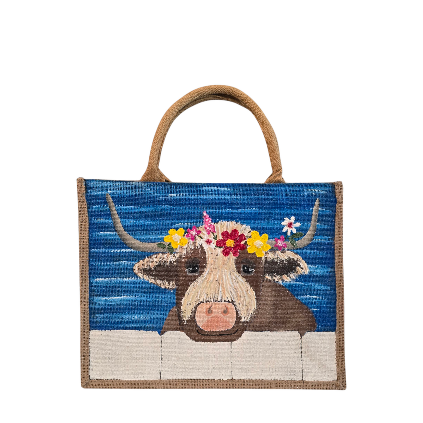 Brown-Highland-Cow-Tote-Bag, Hand-Painted-with-Flowers , Artistic-Design