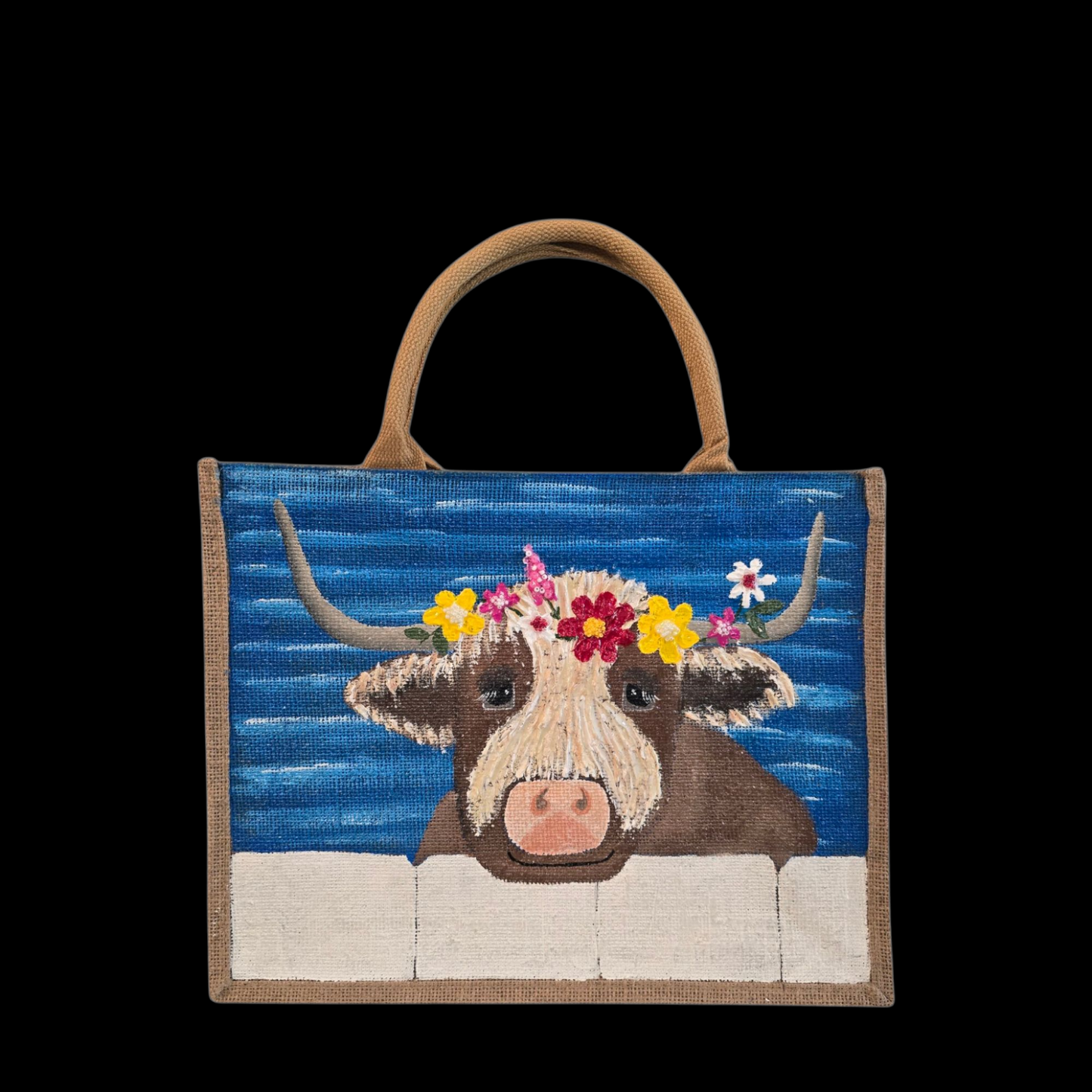 brown highland cow tote bag, blue tote bag, hand painted beaded cow jute bag, eco-friendly animal tote