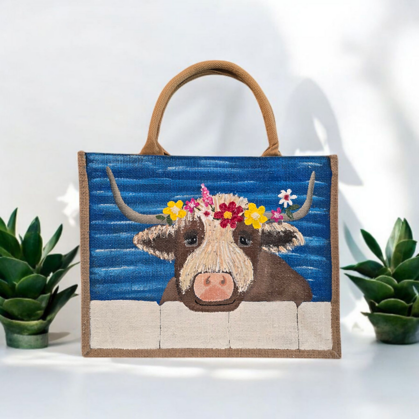 brown highland cow tote bag, blue tote bag, hand painted beaded cow jute bag, eco-friendly animal tote