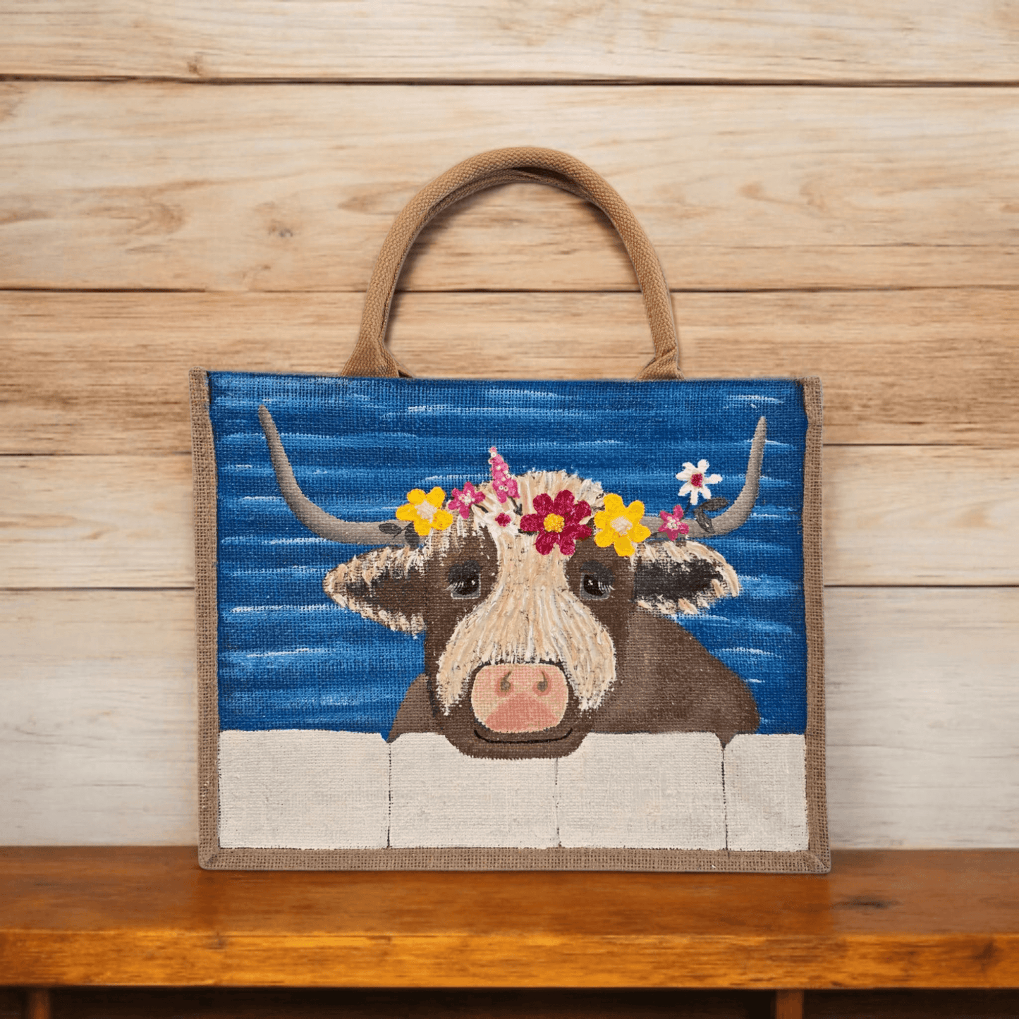 brown highland cow tote bag, blue tote bag, hand painted beaded cow jute bag, eco-friendly animal tote