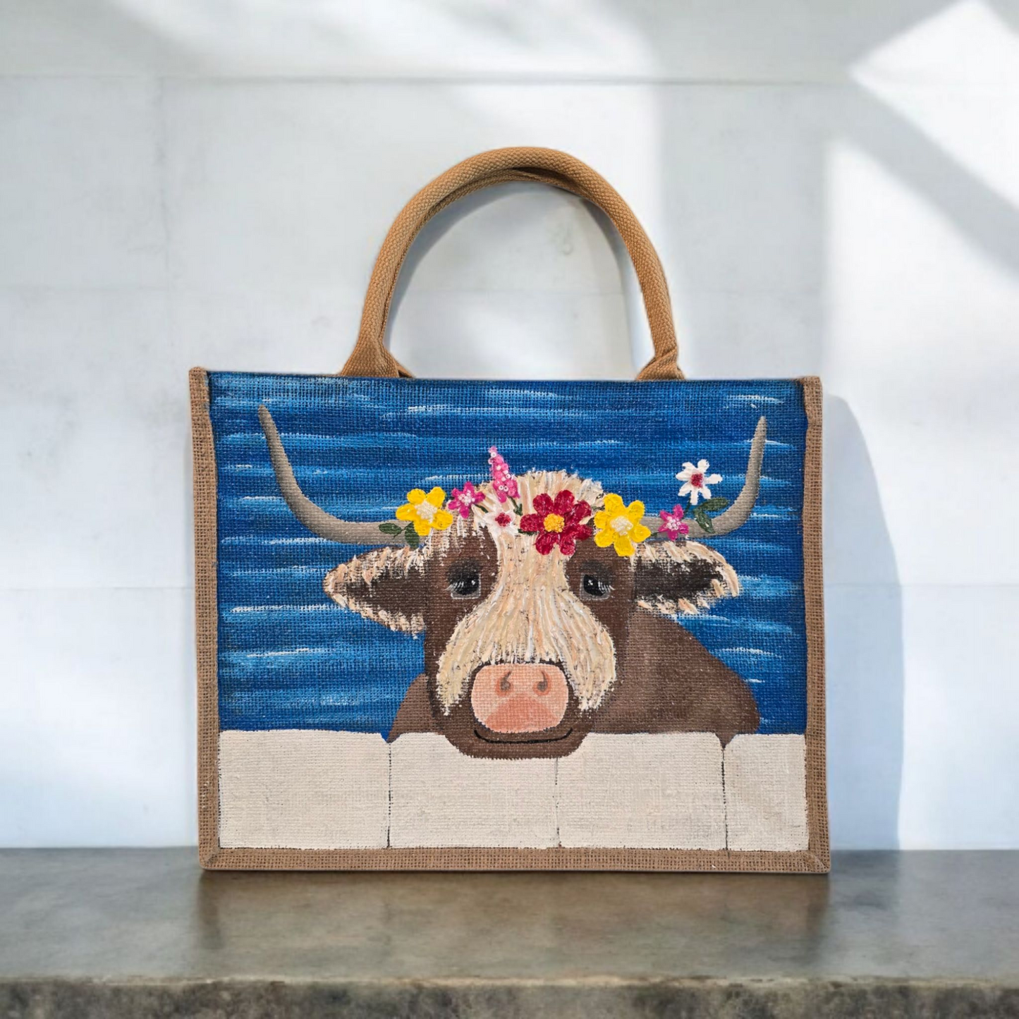 brown highland cow tote bag, blue tote bag, hand painted beaded cow jute bag, eco-friendly animal tote