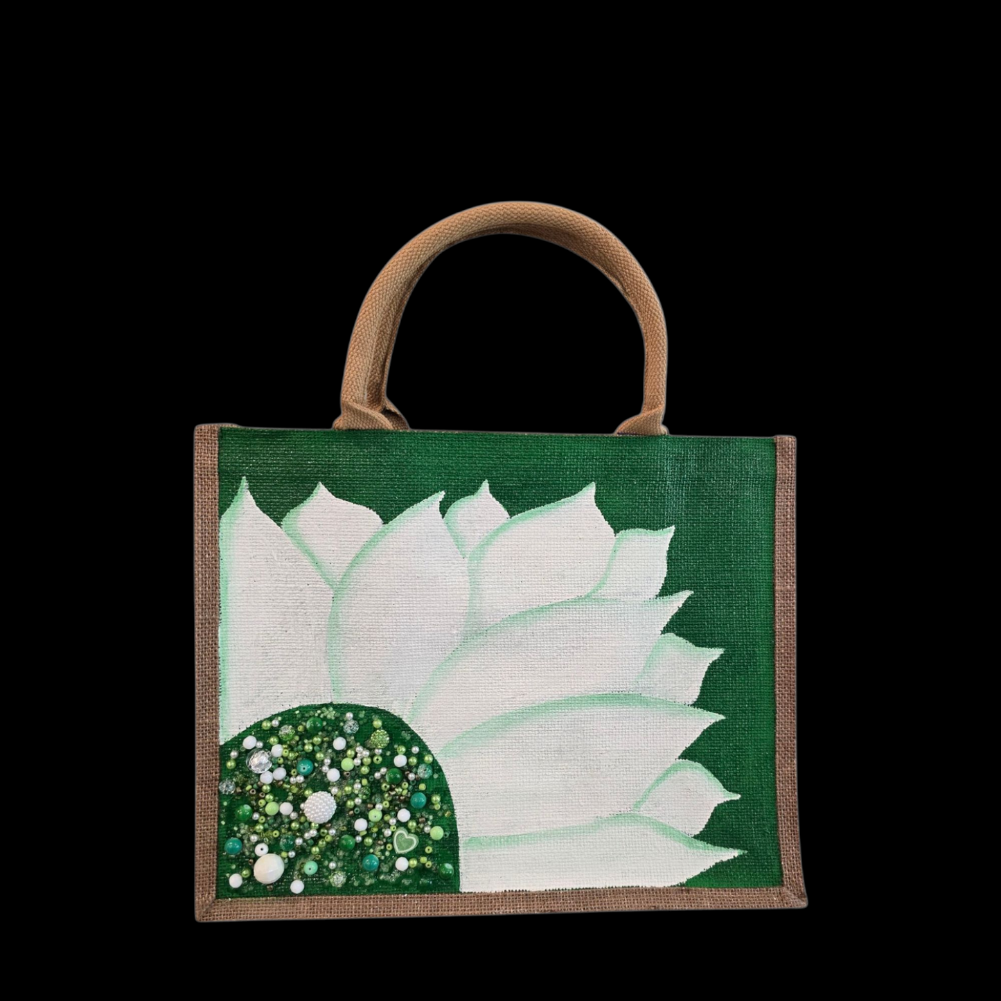 green sunflower tote bag, jute sunflower bag, eco-friendly floral market bag, hand painted sunflower tote