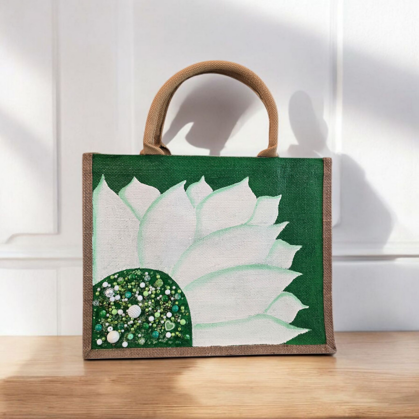 green sunflower tote bag, jute sunflower bag, eco-friendly floral market bag, hand painted sunflower tote