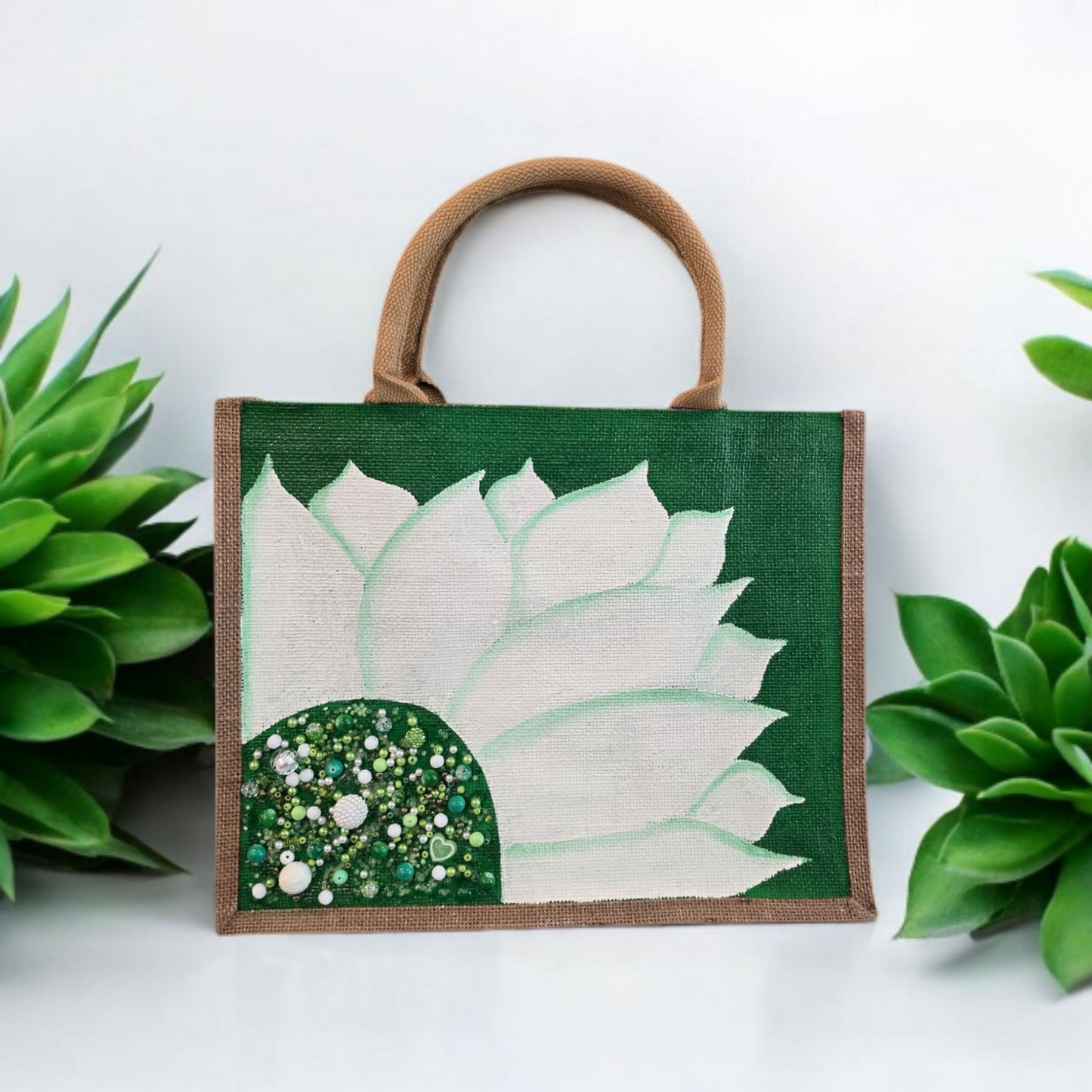 green sunflower tote bag, jute sunflower bag, eco-friendly floral market bag, hand painted sunflower tote
