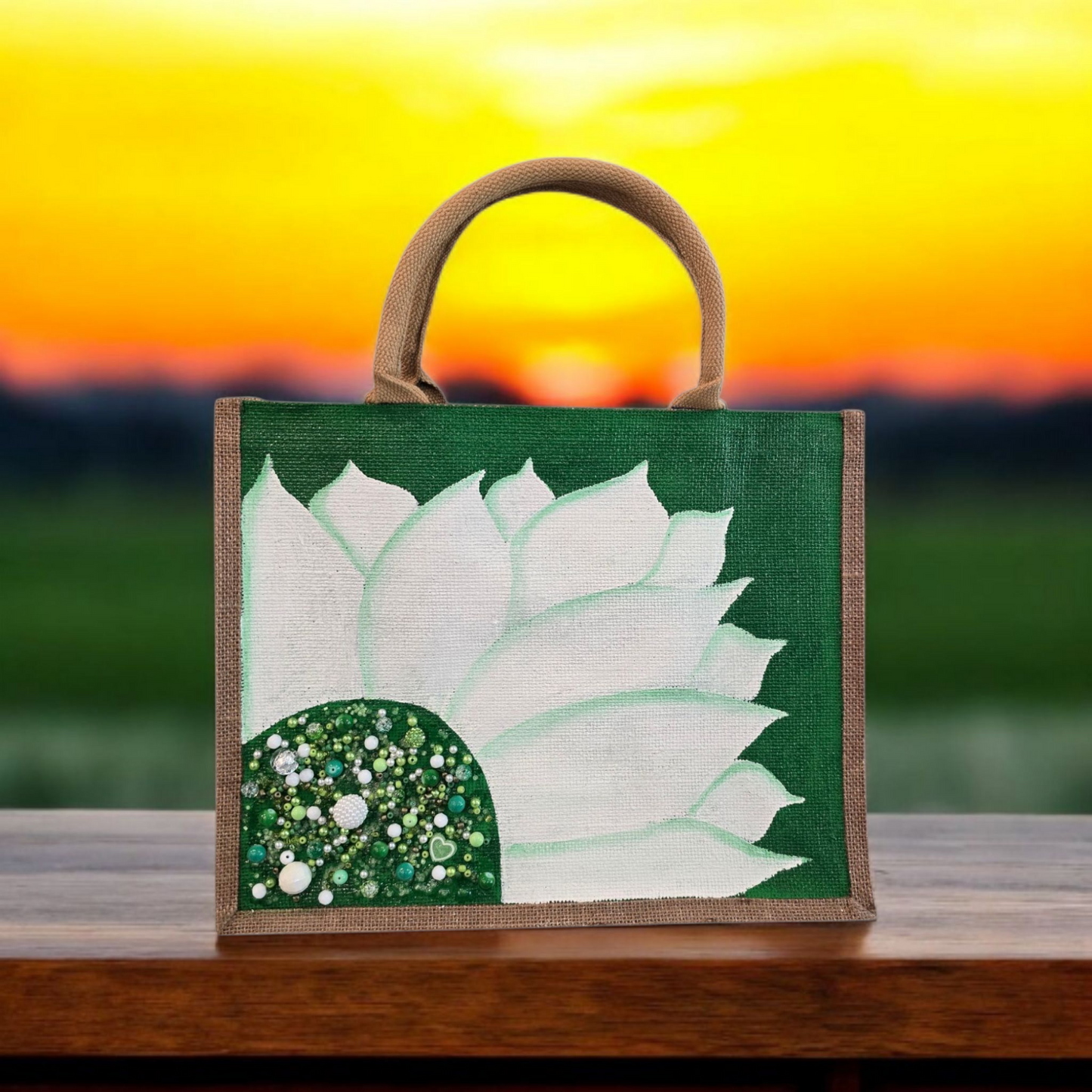 green sunflower tote bag, jute sunflower bag, eco-friendly floral market bag, hand painted sunflower tote