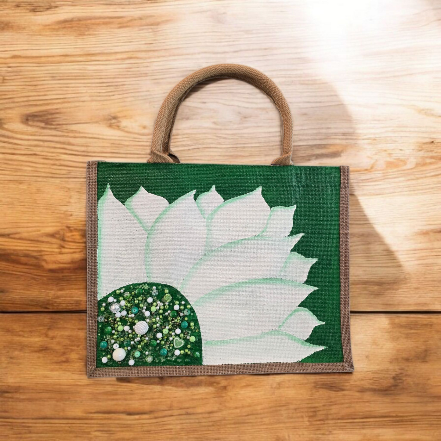green sunflower tote bag, jute sunflower bag, eco-friendly floral market bag, hand painted sunflower tote