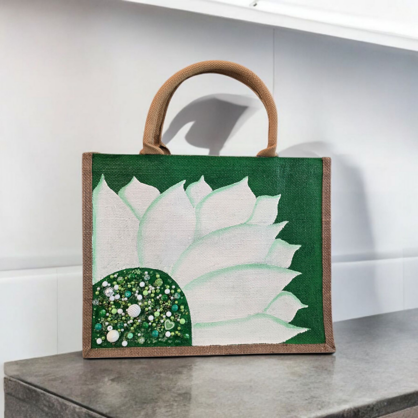 green sunflower tote bag, jute sunflower bag, eco-friendly floral market bag, hand painted sunflower tote